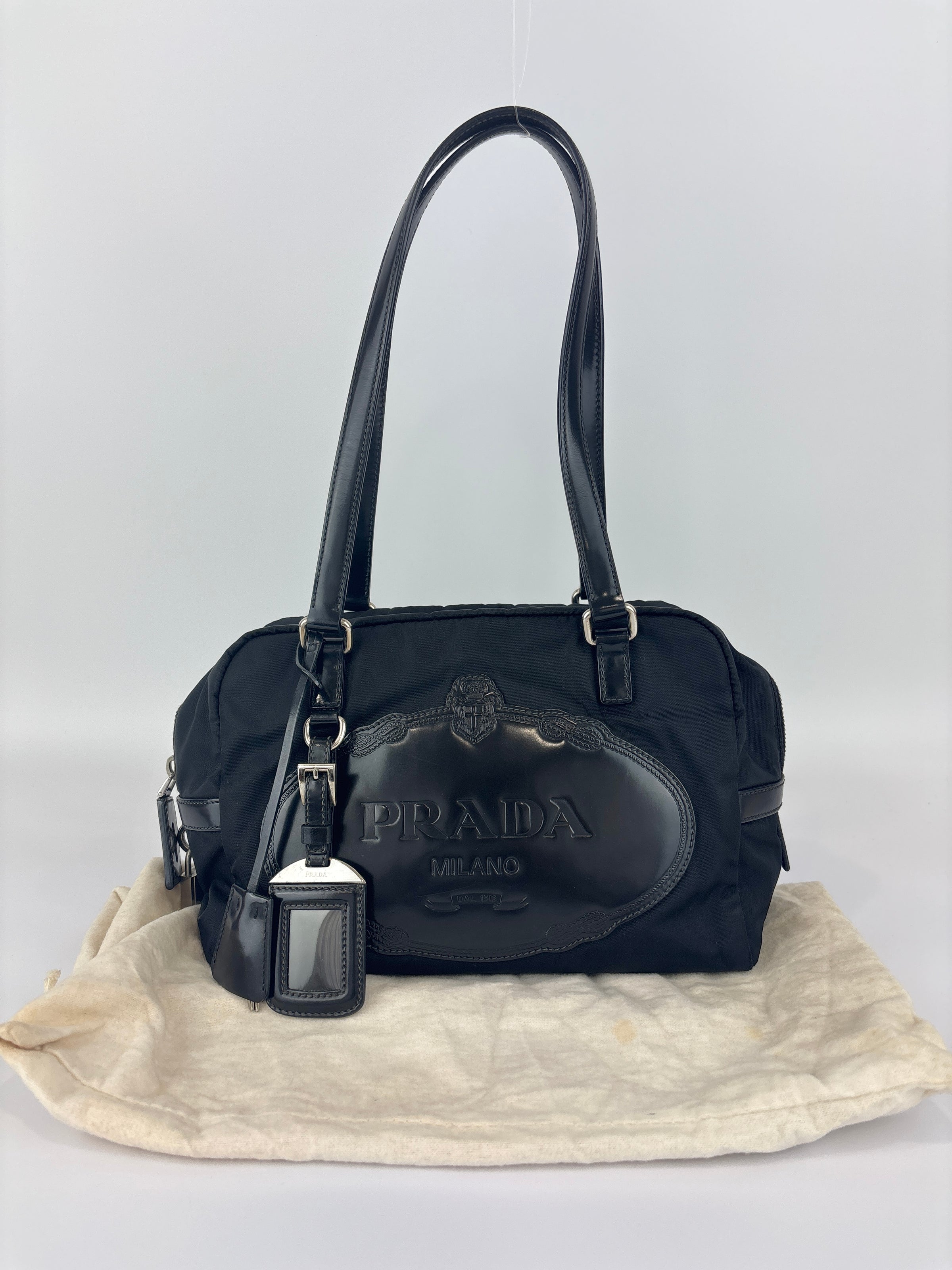 Black Tessuto & Patent Leather Embossed Logo Boston Bag