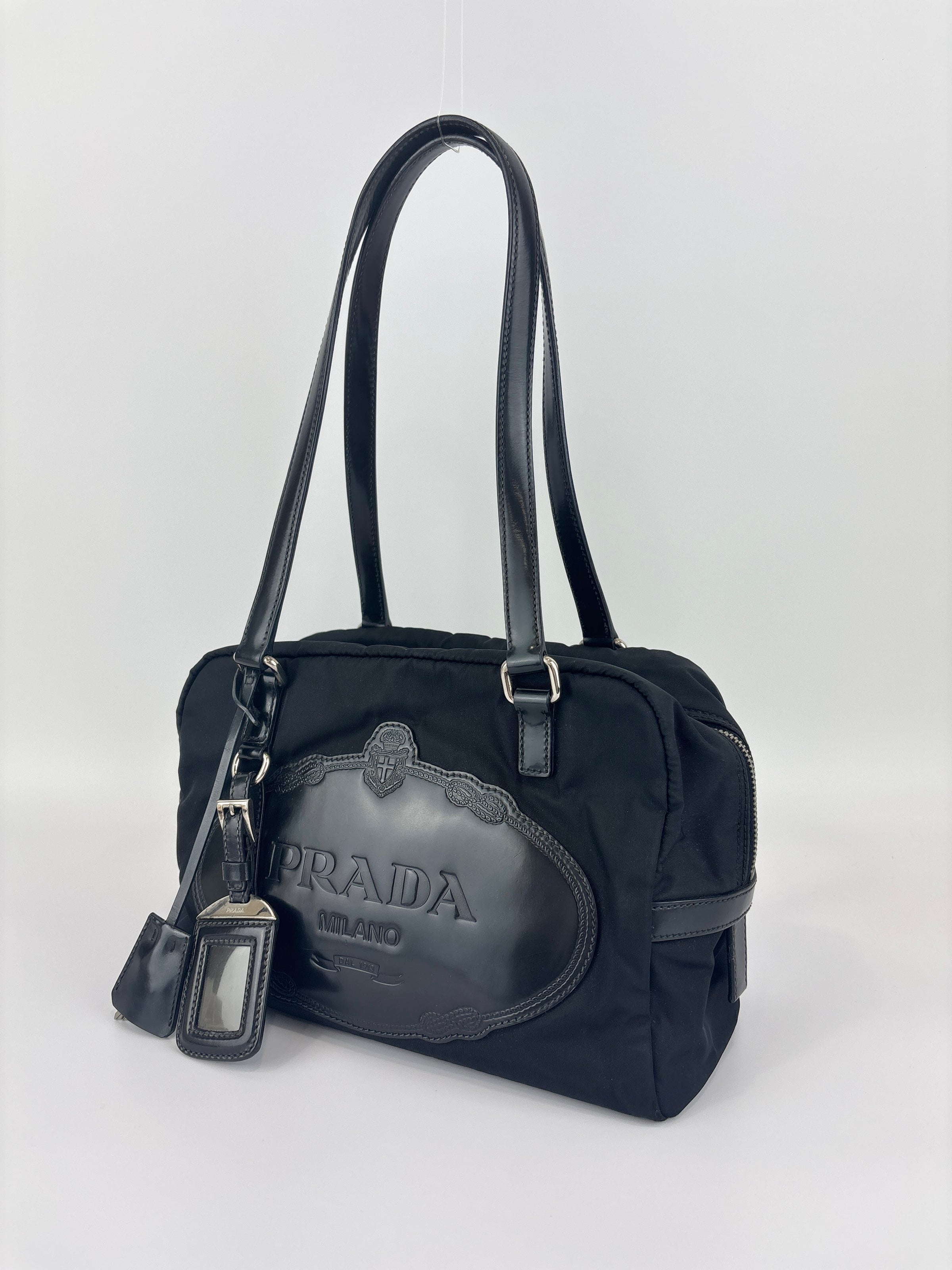 Black Tessuto & Patent Leather Embossed Logo Boston Bag