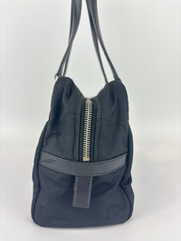Black Tessuto & Patent Leather Embossed Logo Boston Bag