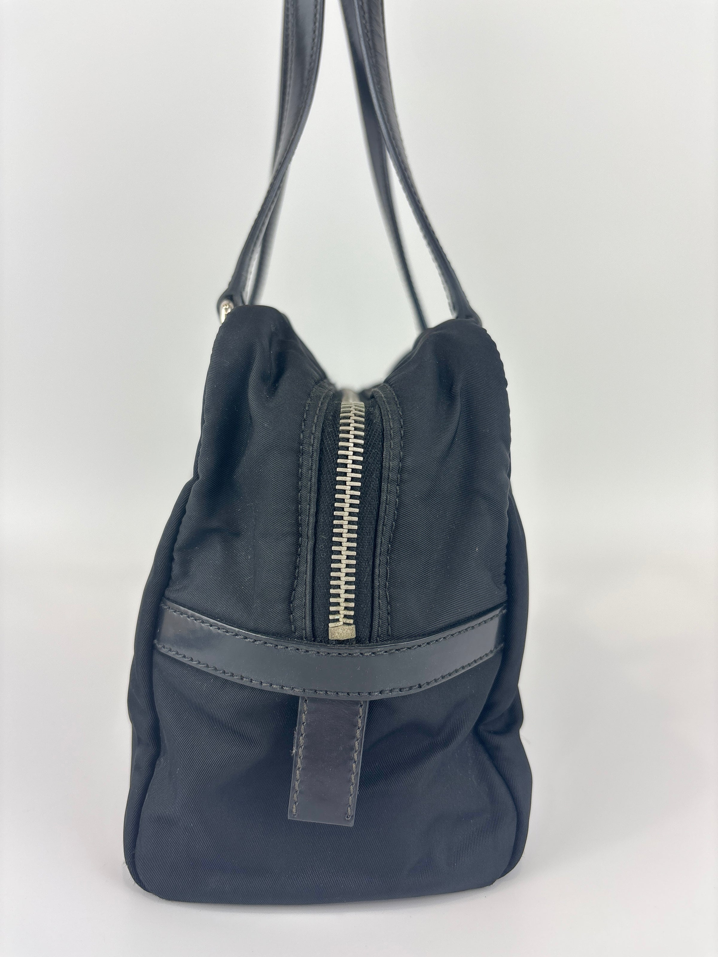 Black Tessuto & Patent Leather Embossed Logo Boston Bag