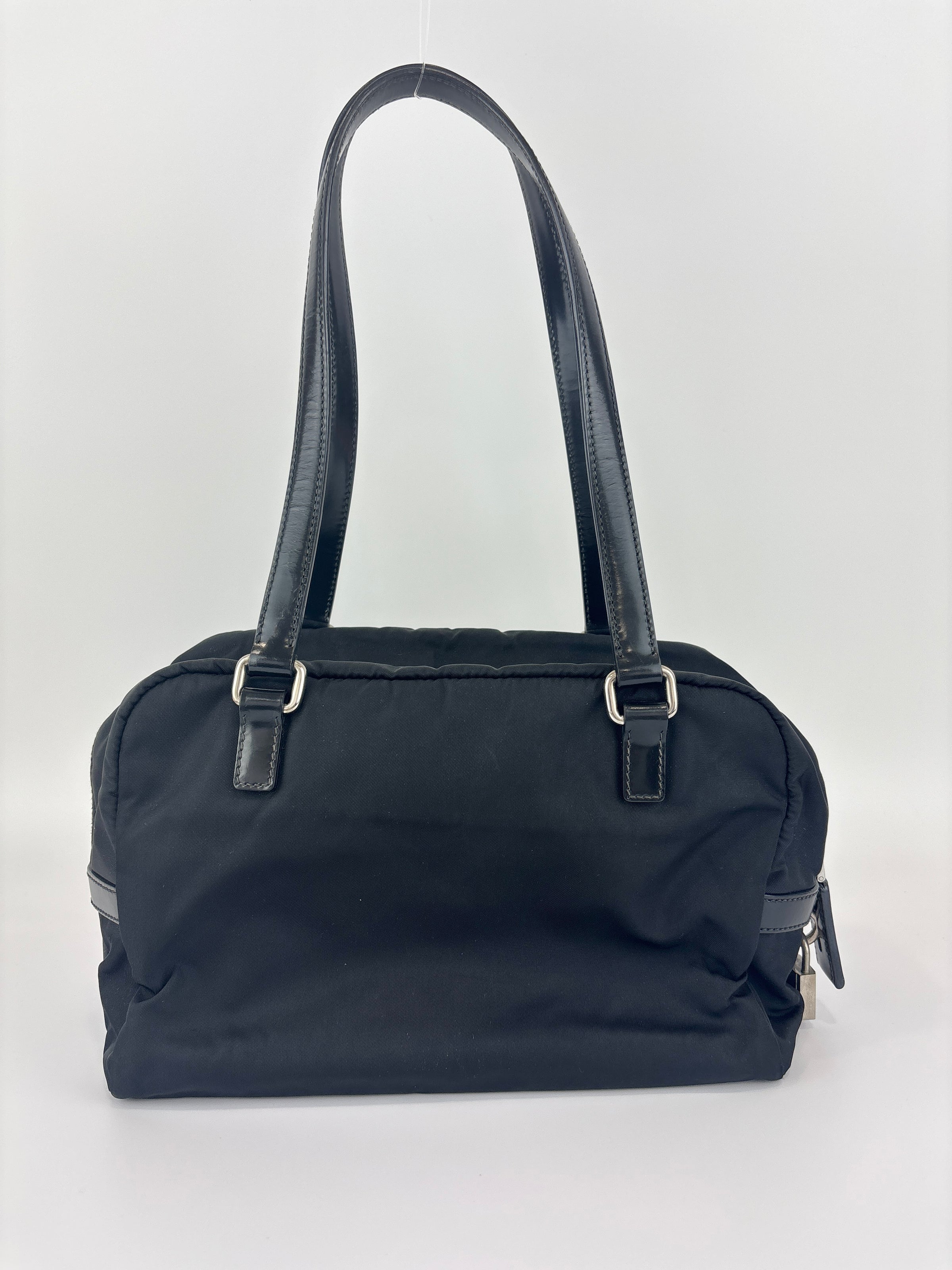 Black Tessuto & Patent Leather Embossed Logo Boston Bag