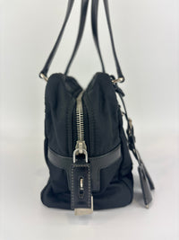 Black Tessuto & Patent Leather Embossed Logo Boston Bag