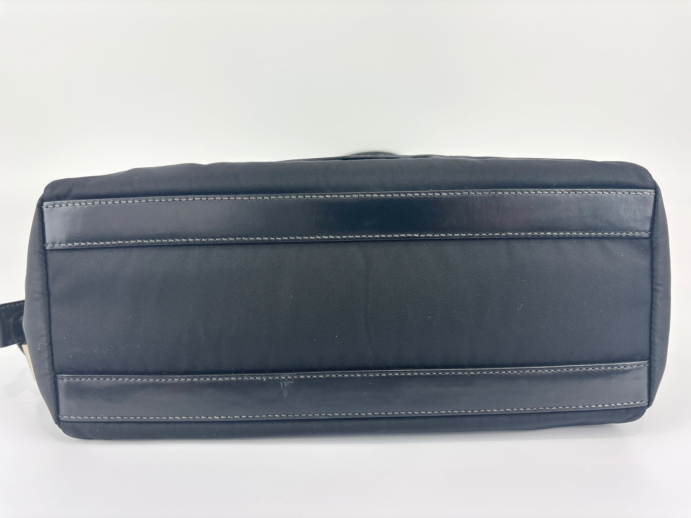 Black Tessuto & Patent Leather Embossed Logo Boston Bag