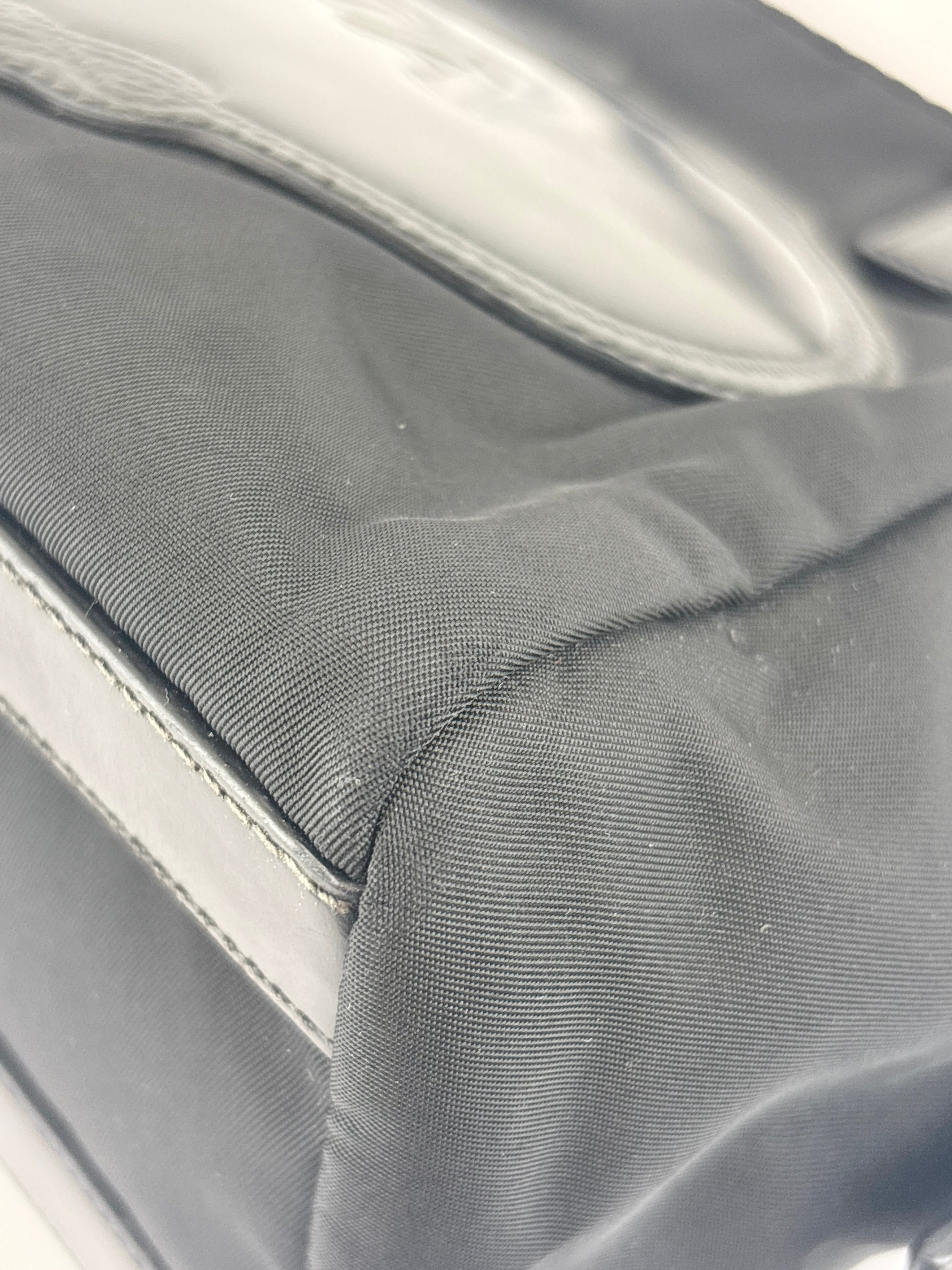 Black Tessuto & Patent Leather Embossed Logo Boston Bag