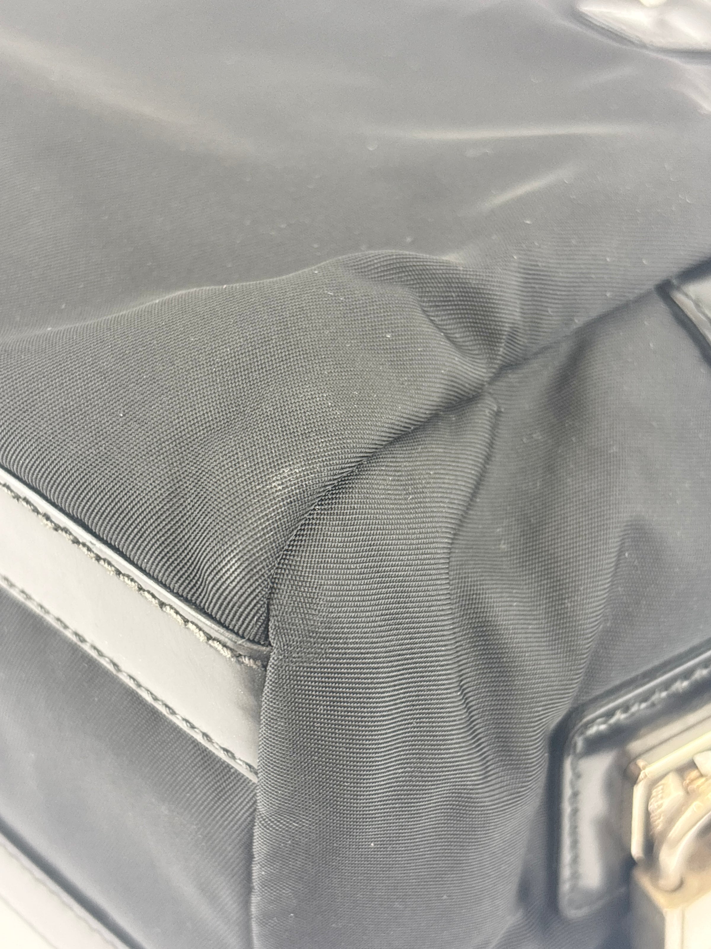 Black Tessuto & Patent Leather Embossed Logo Boston Bag
