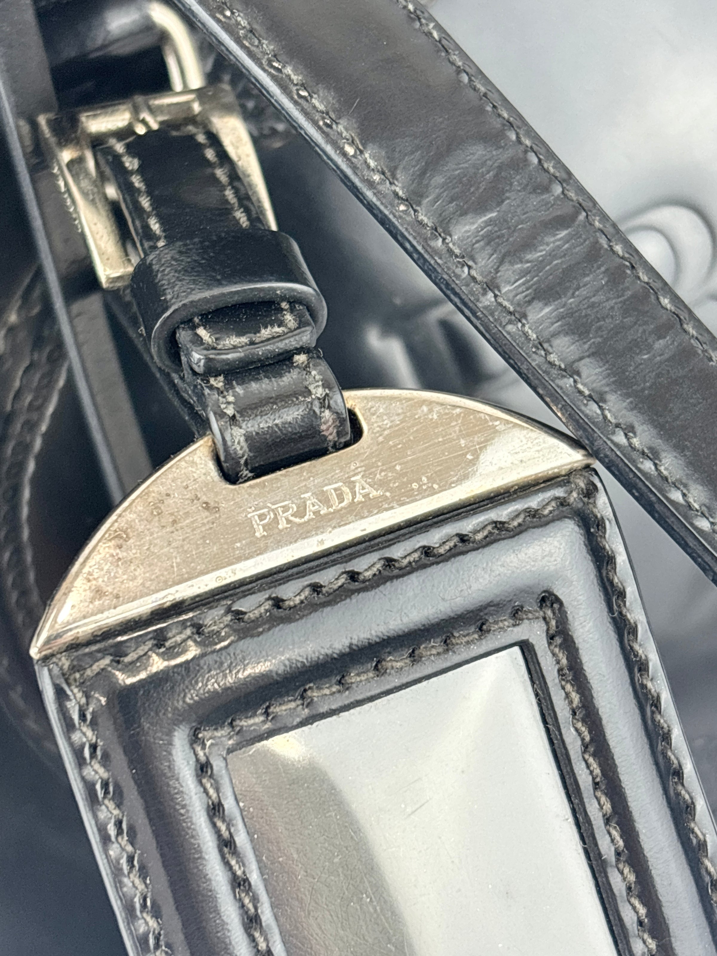 Black Tessuto & Patent Leather Embossed Logo Boston Bag