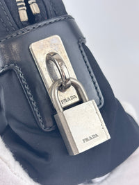 Black Tessuto & Patent Leather Embossed Logo Boston Bag