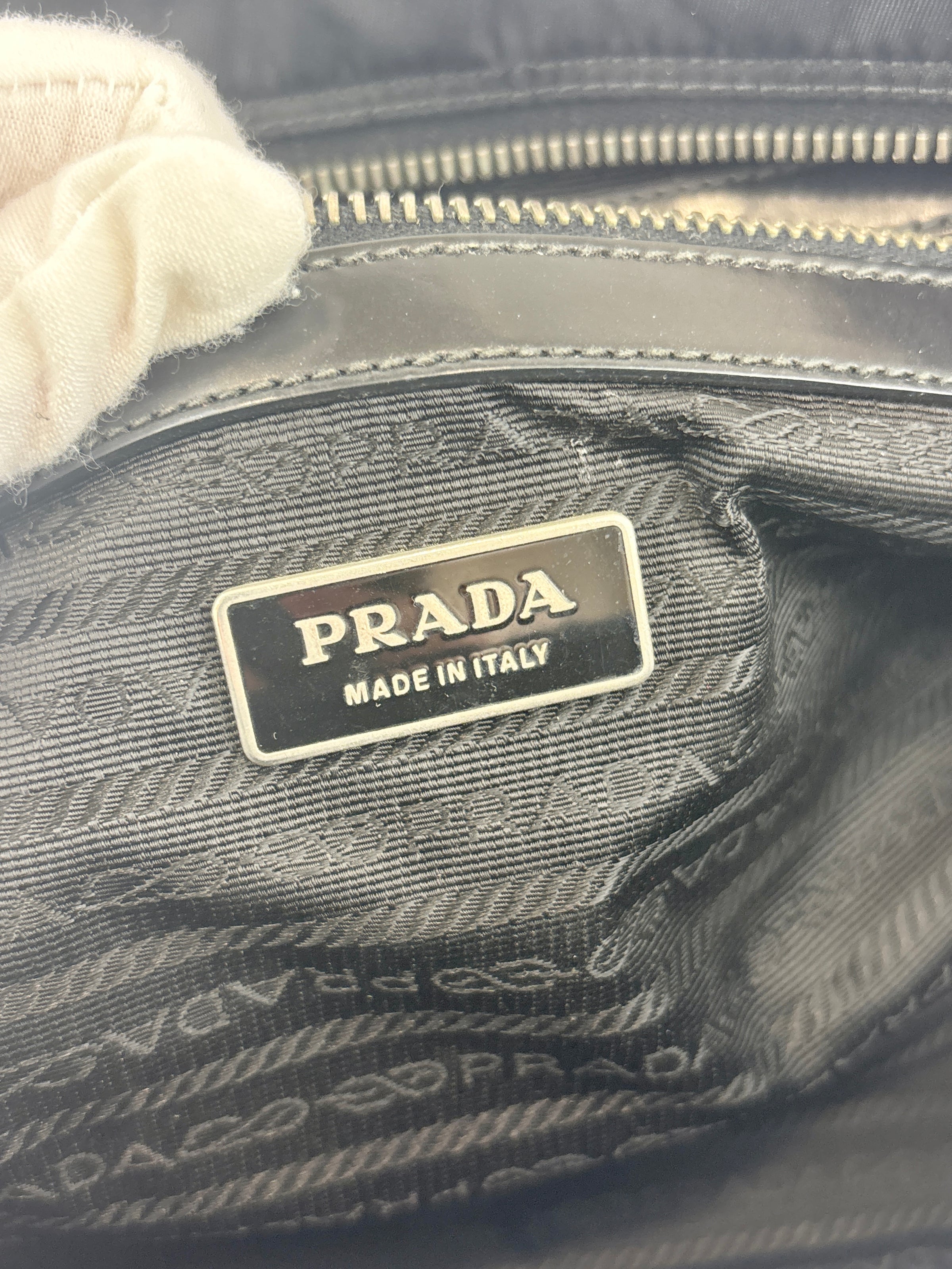 Black Tessuto & Patent Leather Embossed Logo Boston Bag