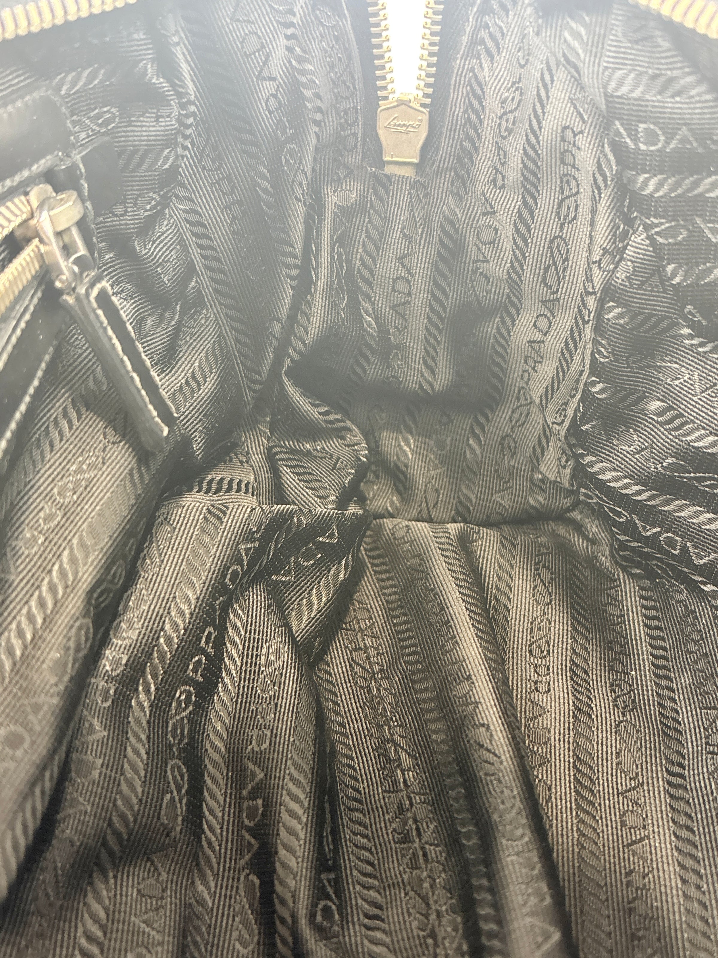 Black Tessuto & Patent Leather Embossed Logo Boston Bag