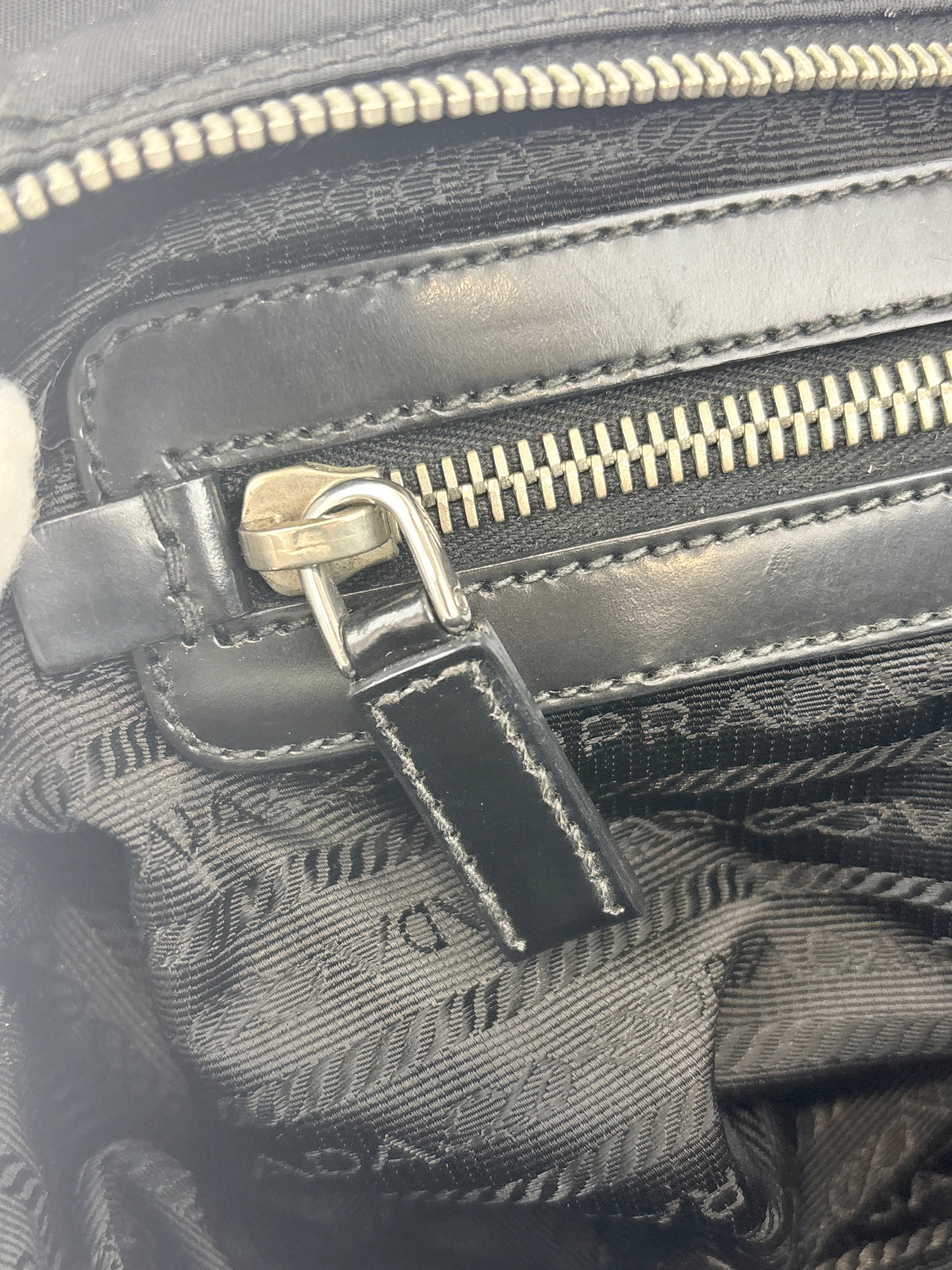 Black Tessuto & Patent Leather Embossed Logo Boston Bag