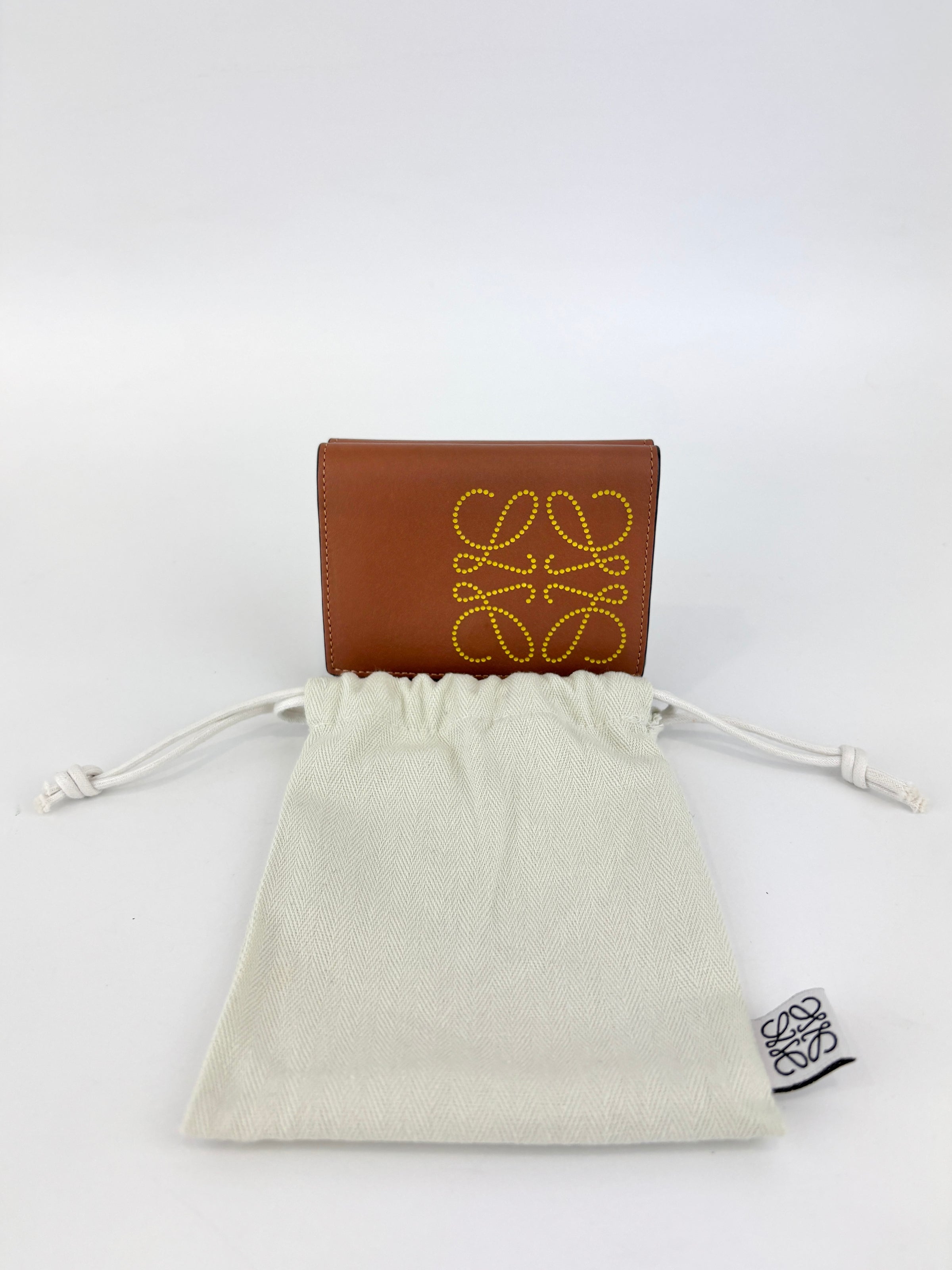 Anagram Trifold Compact Wallet in Brown Calfskin