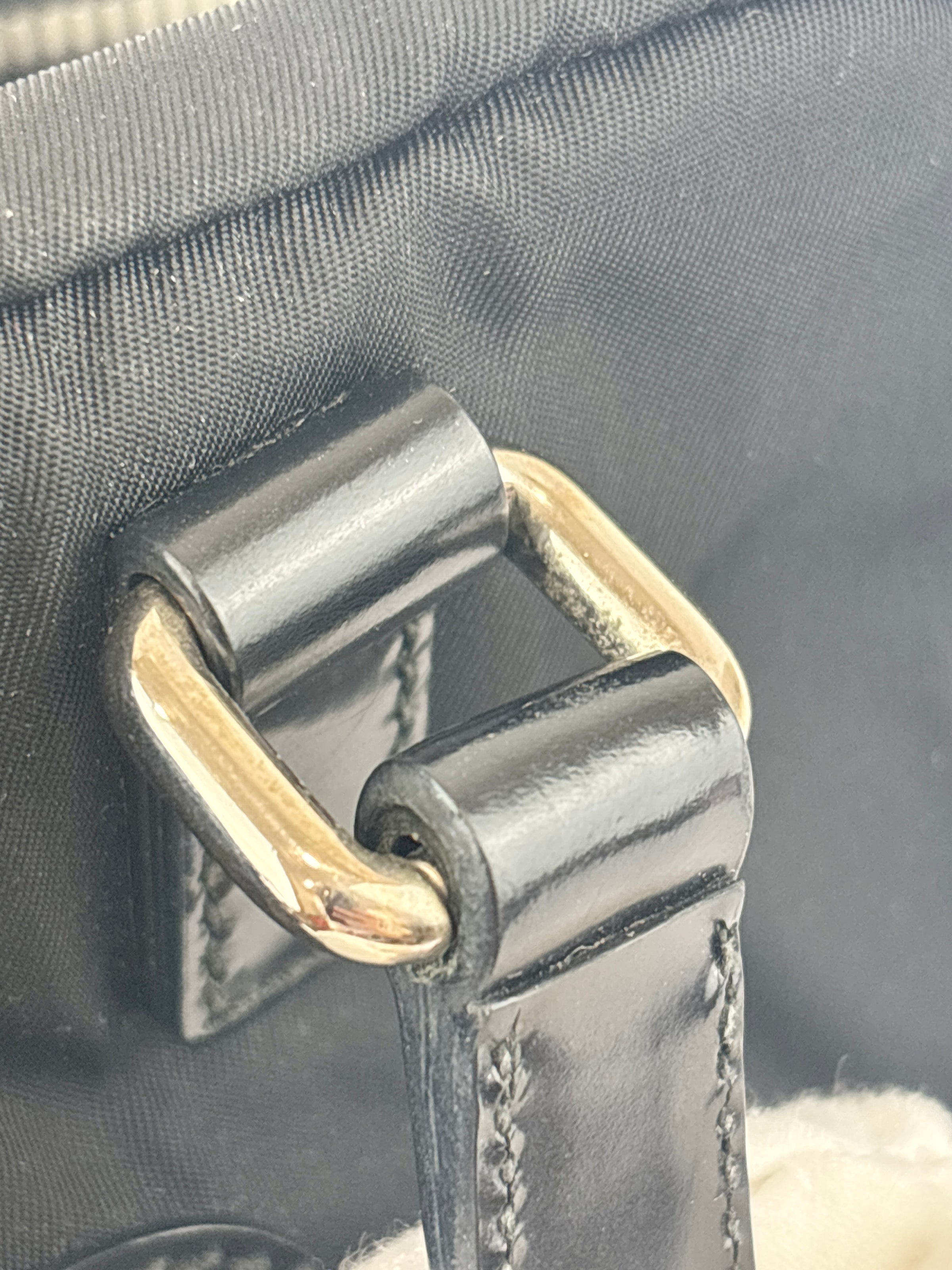 Black Tessuto & Patent Leather Embossed Logo Boston Bag