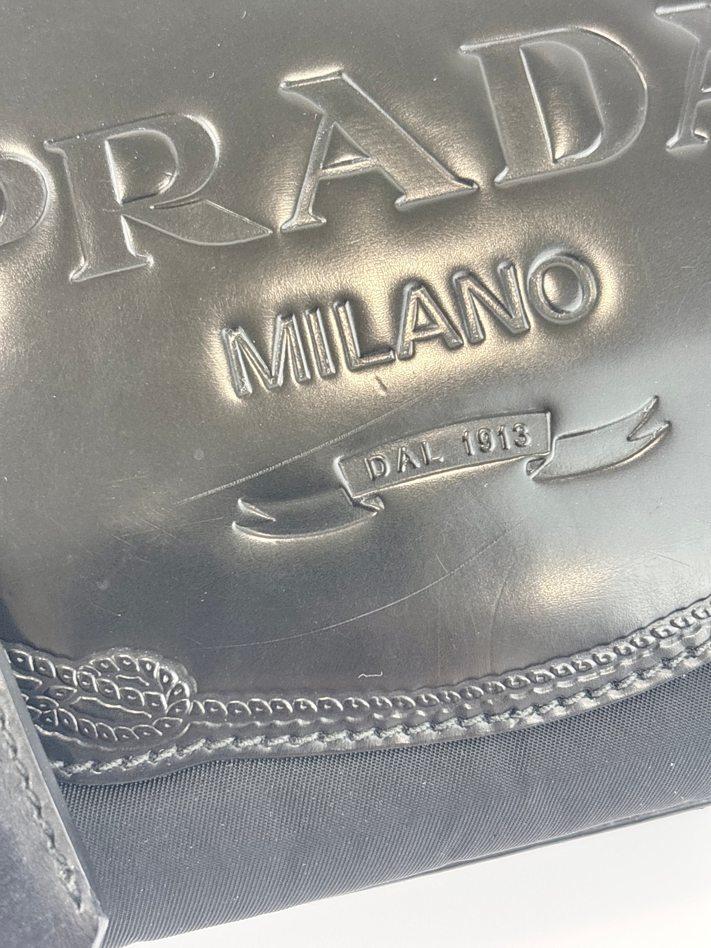Black Tessuto & Patent Leather Embossed Logo Boston Bag