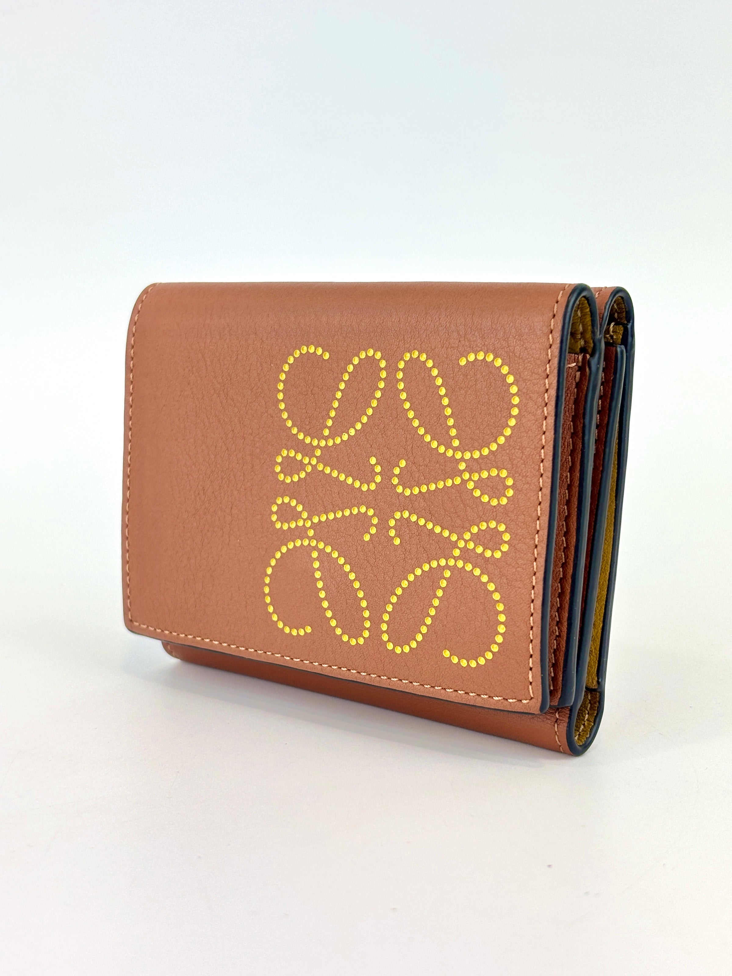 Anagram Trifold Compact Wallet in Brown Calfskin