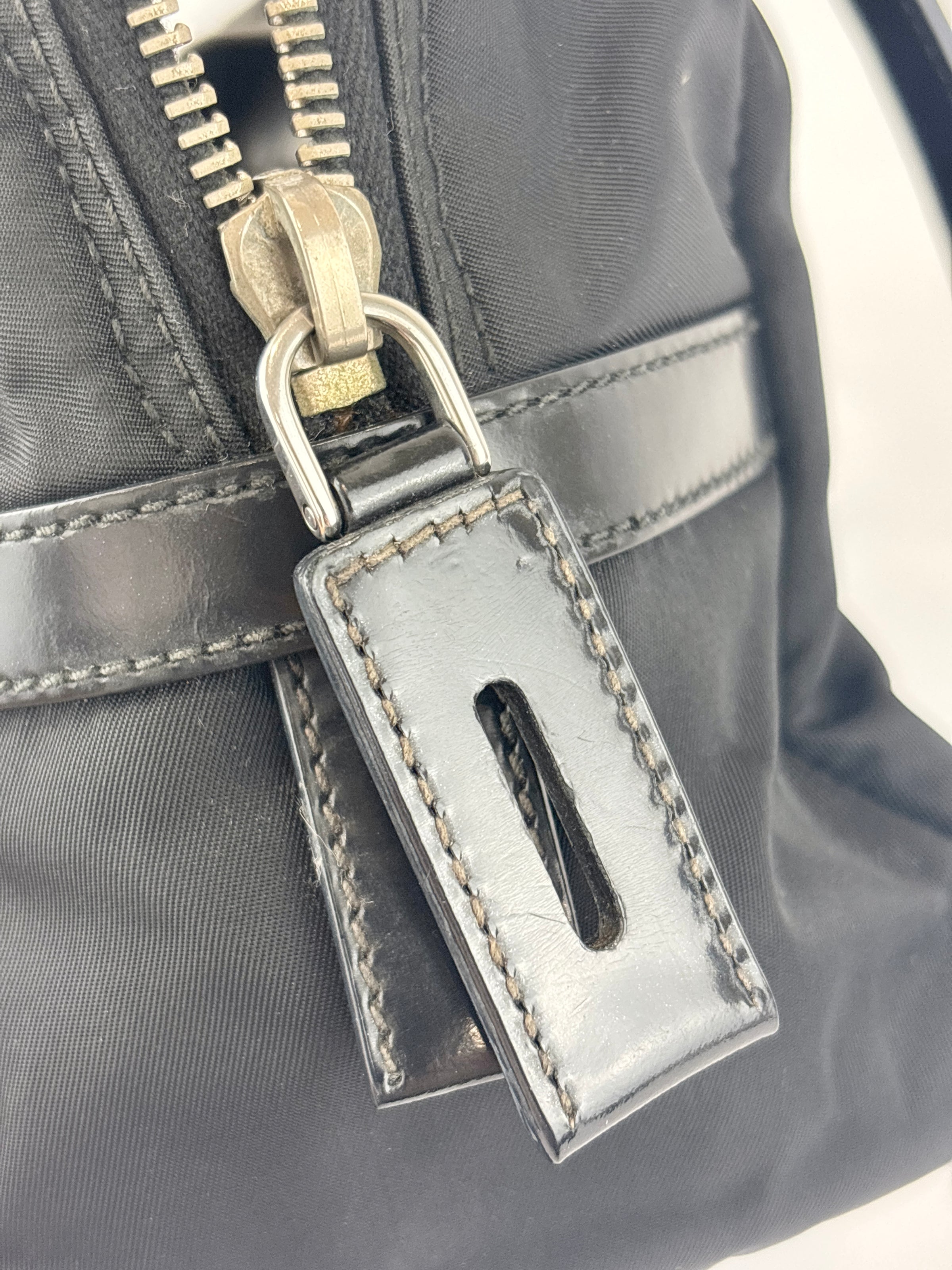Black Tessuto & Patent Leather Embossed Logo Boston Bag