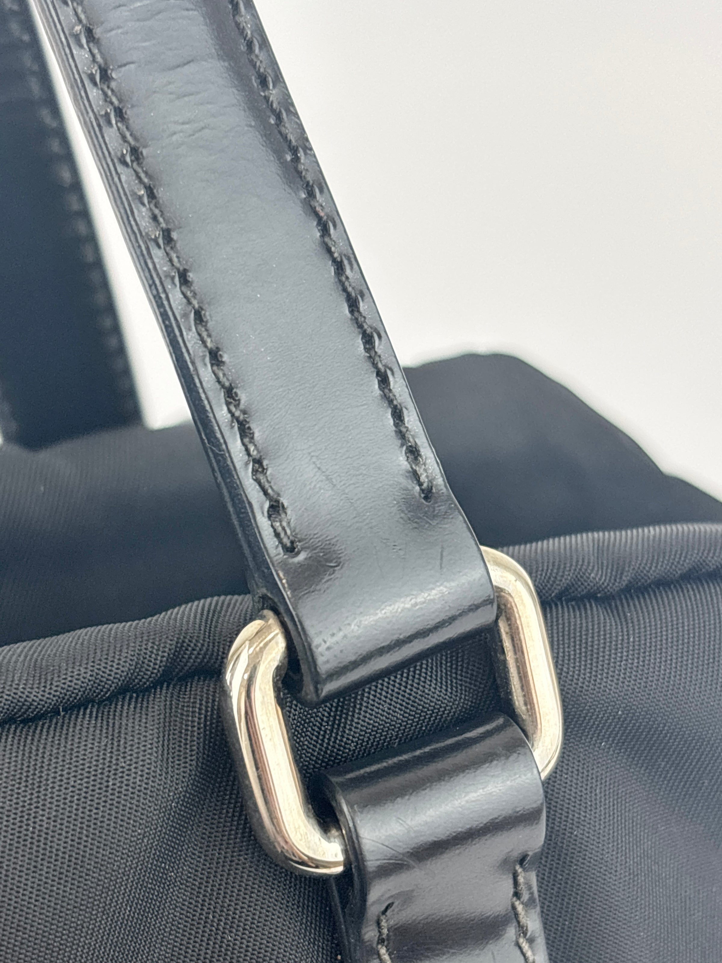 Black Tessuto & Patent Leather Embossed Logo Boston Bag