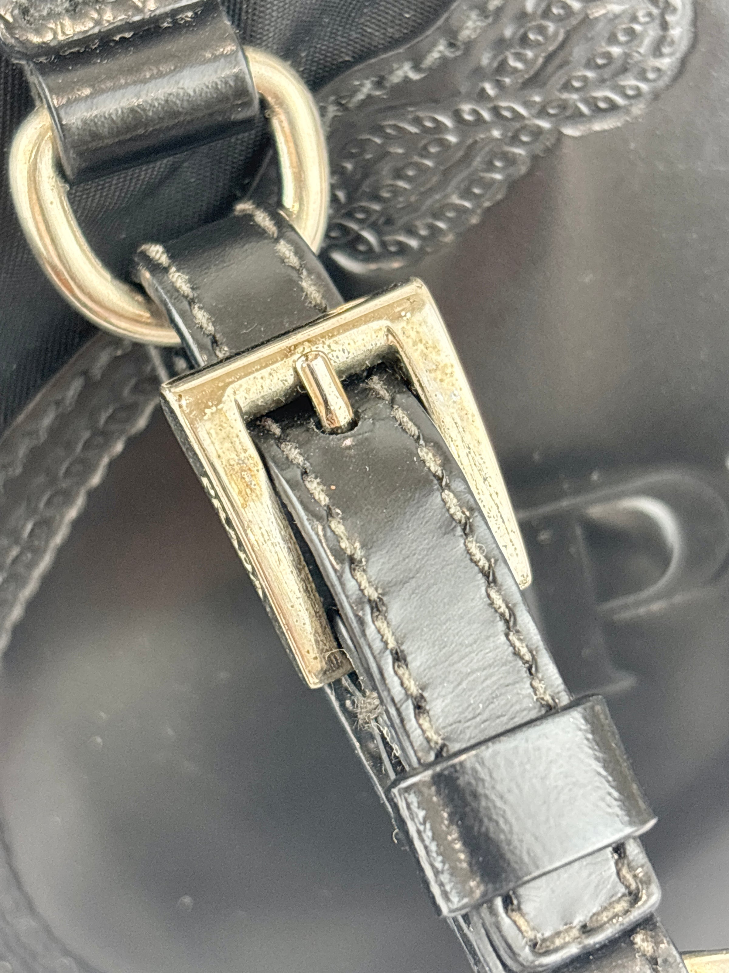 Black Tessuto & Patent Leather Embossed Logo Boston Bag