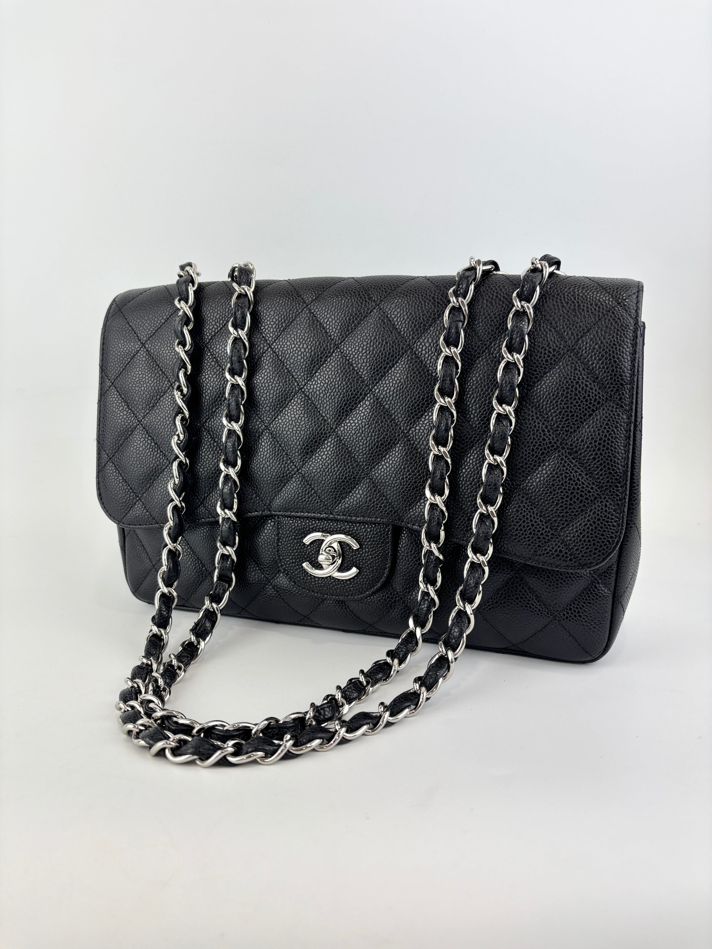 Classic Jumbo Single Flap Black Caviar SHW