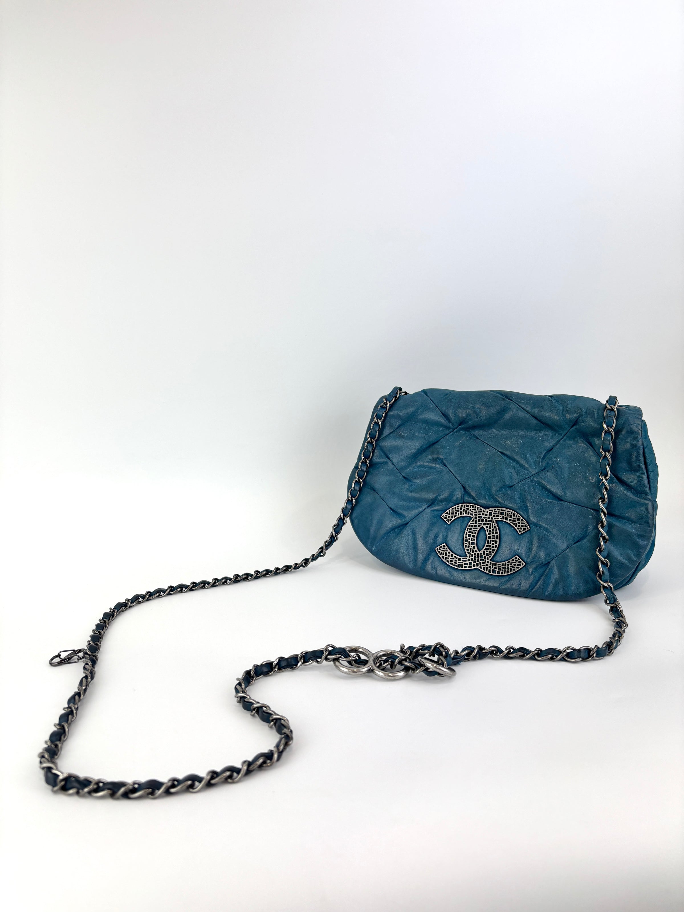 A50481 Blue Iridescent Calfskin Leather Glint Crossbody Bag (2011) - Glampot