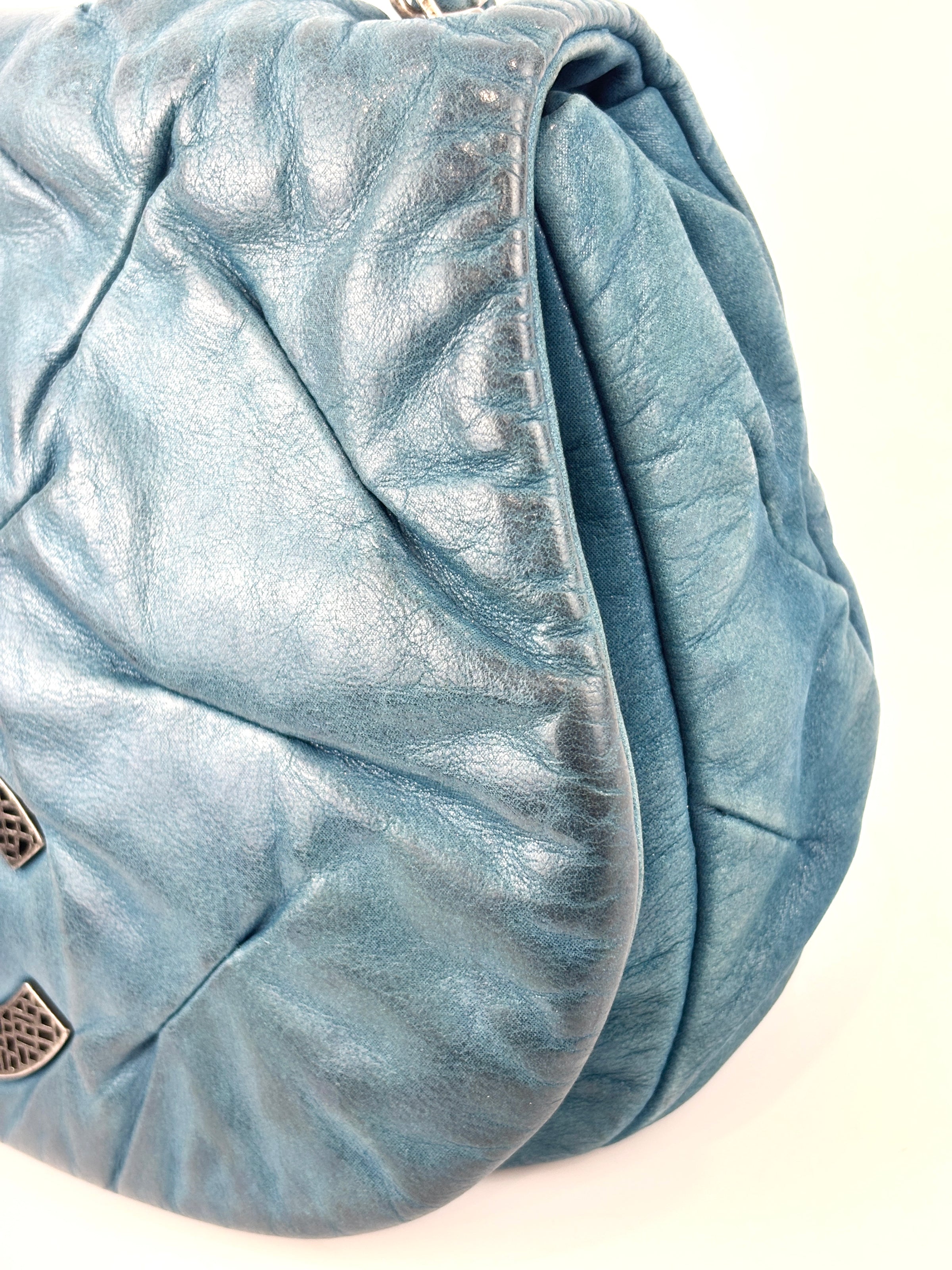 A50481 Blue Iridescent Calfskin Leather Glint Crossbody Bag (2011) - Glampot