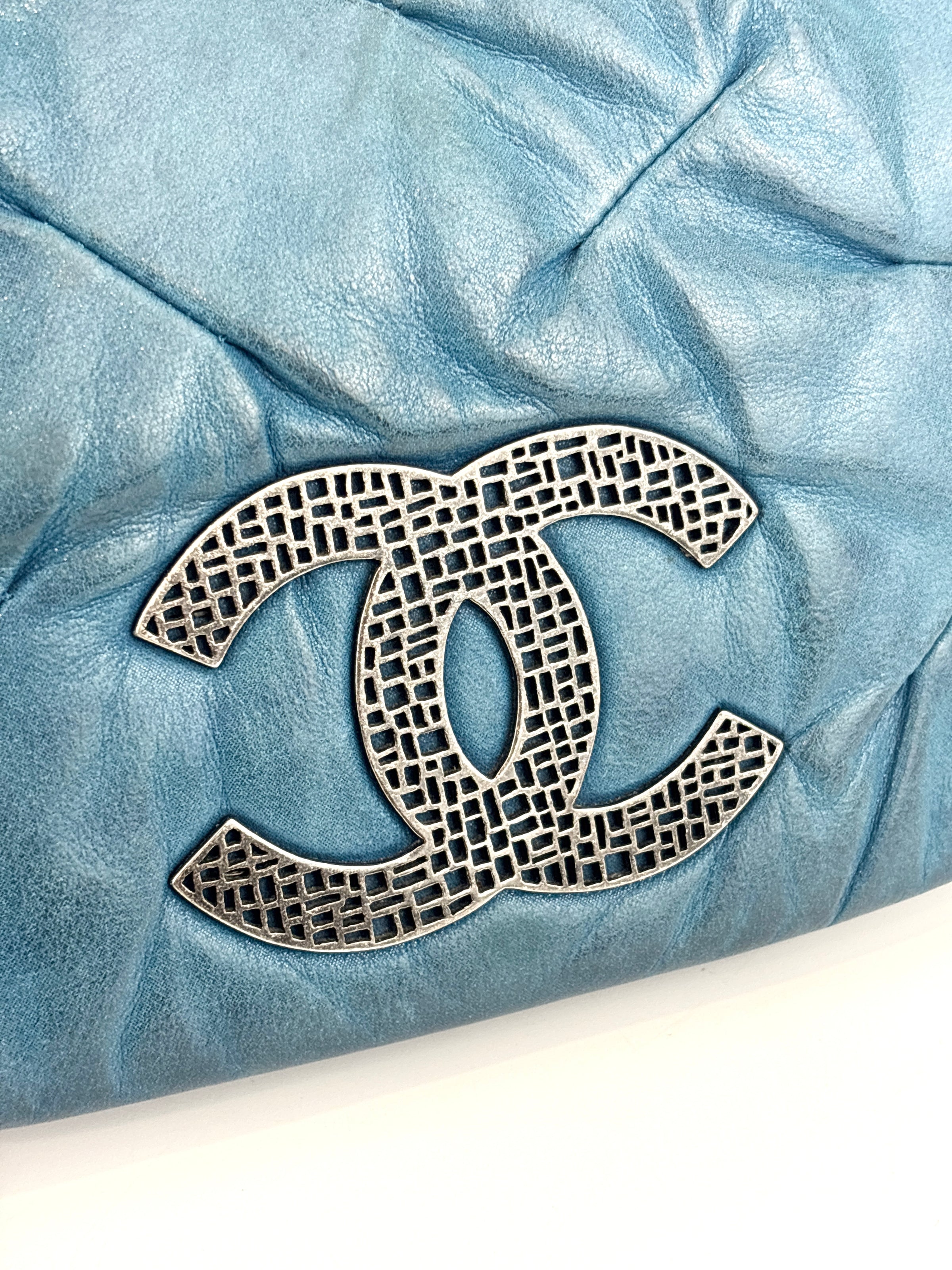 A50481 Blue Iridescent Calfskin Leather Glint Crossbody Bag (2011) - Glampot