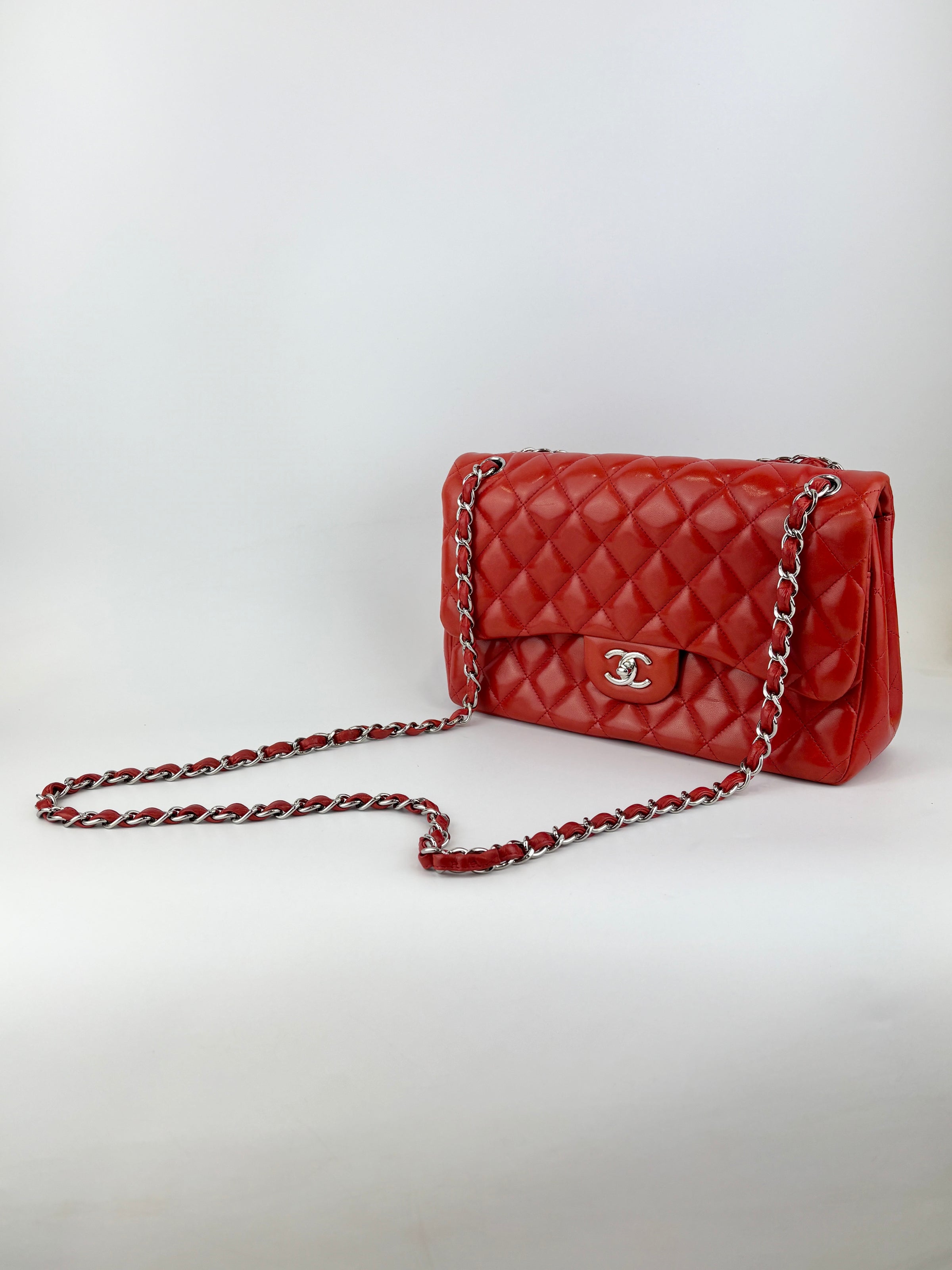 Red Lambskin Jumbo Double Flap SHW