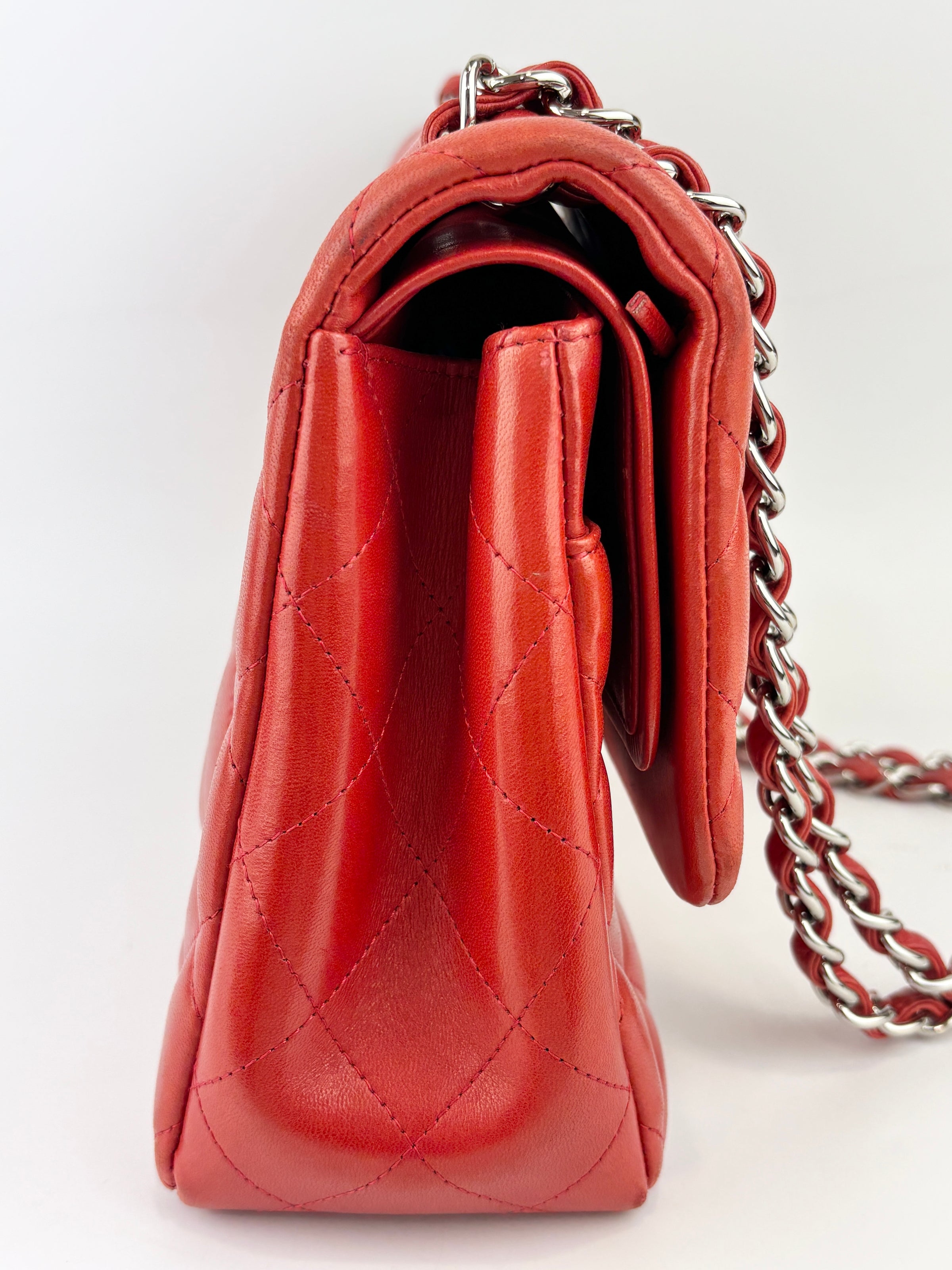 Red Lambskin Jumbo Double Flap SHW
