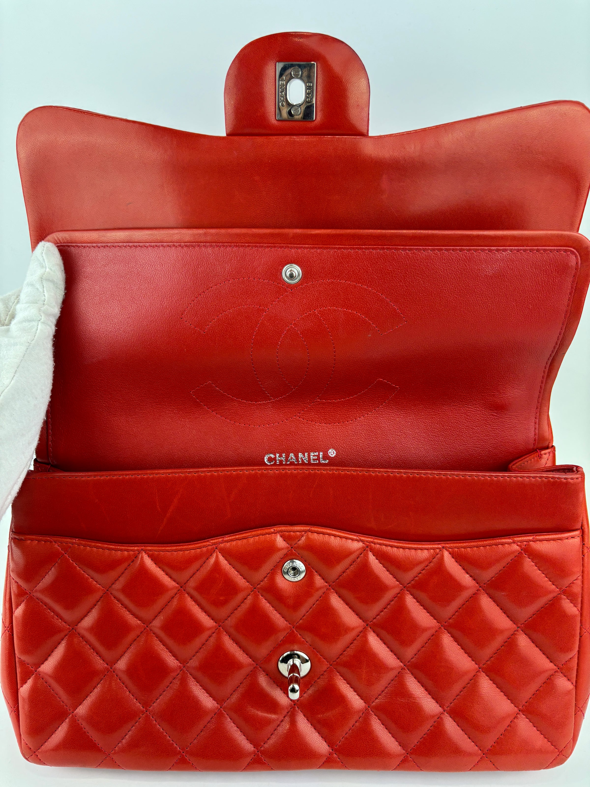 Red Lambskin Jumbo Double Flap SHW
