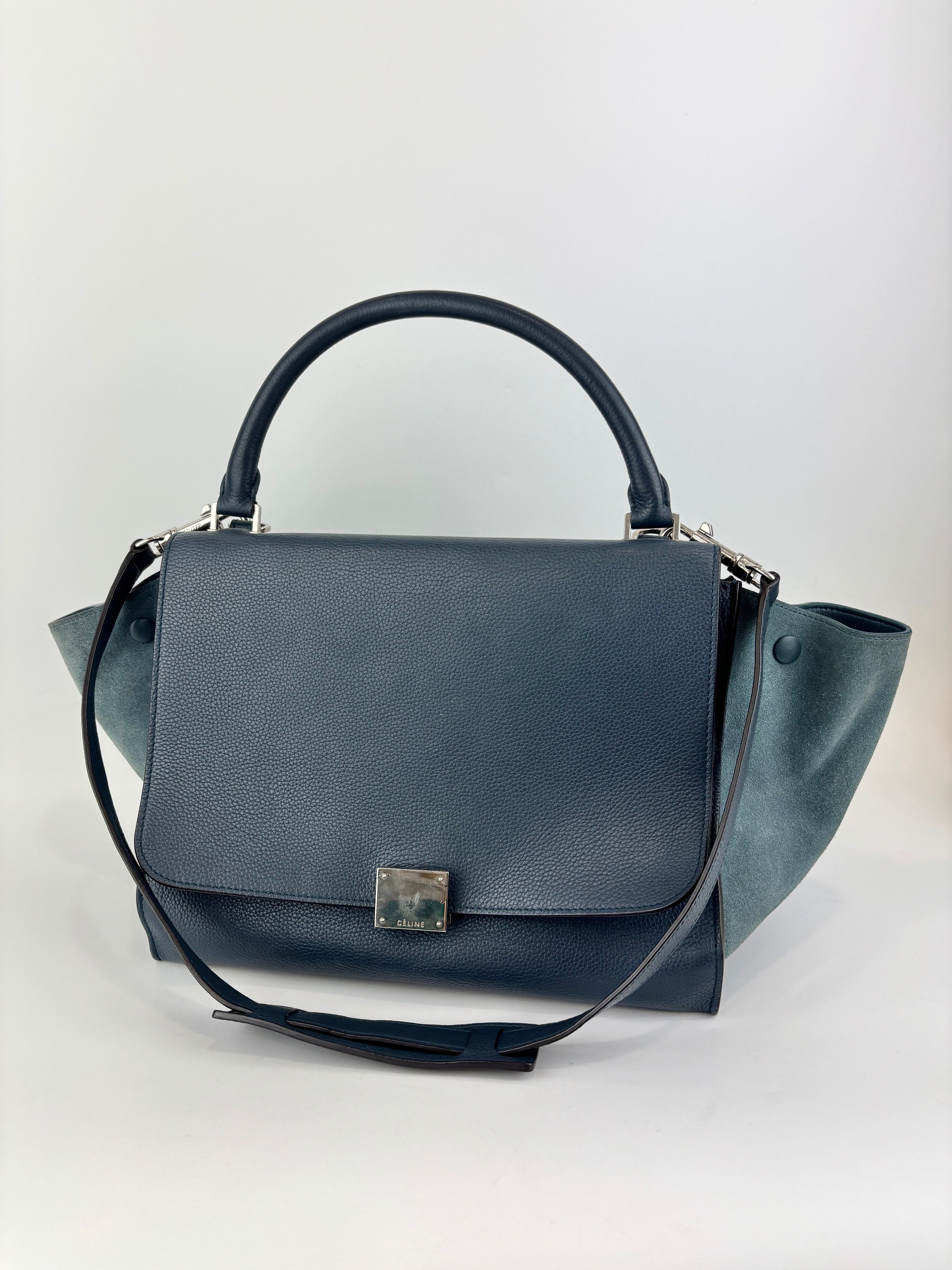 Medium Trapeze Blue Grained Calfskin/Suede