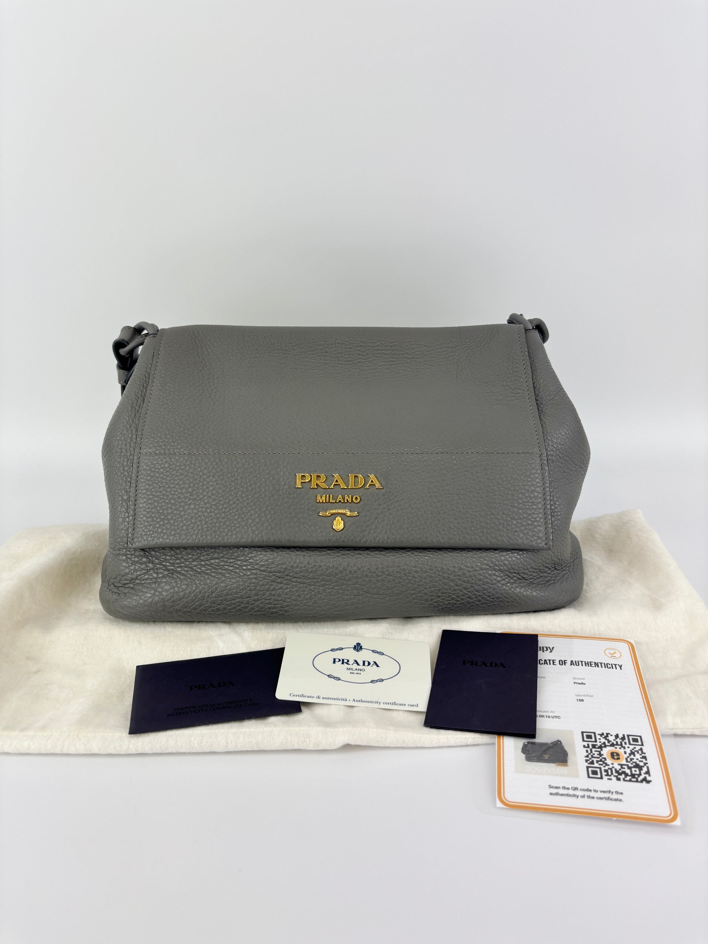 1BD052 Vitello Daino Leather Shoulder Bag Marmo Grey