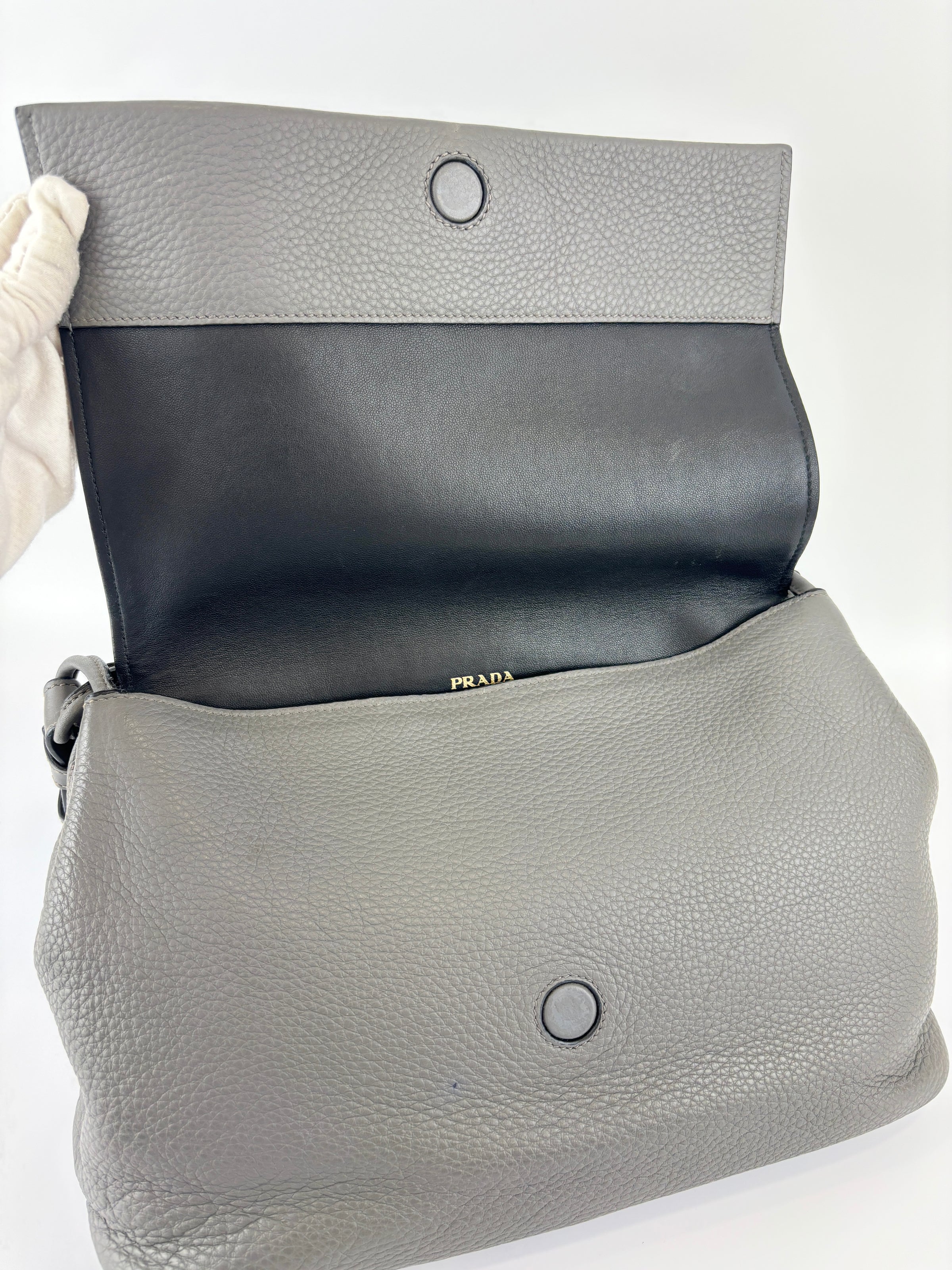 1BD052 Vitello Daino Leather Shoulder Bag Marmo Grey
