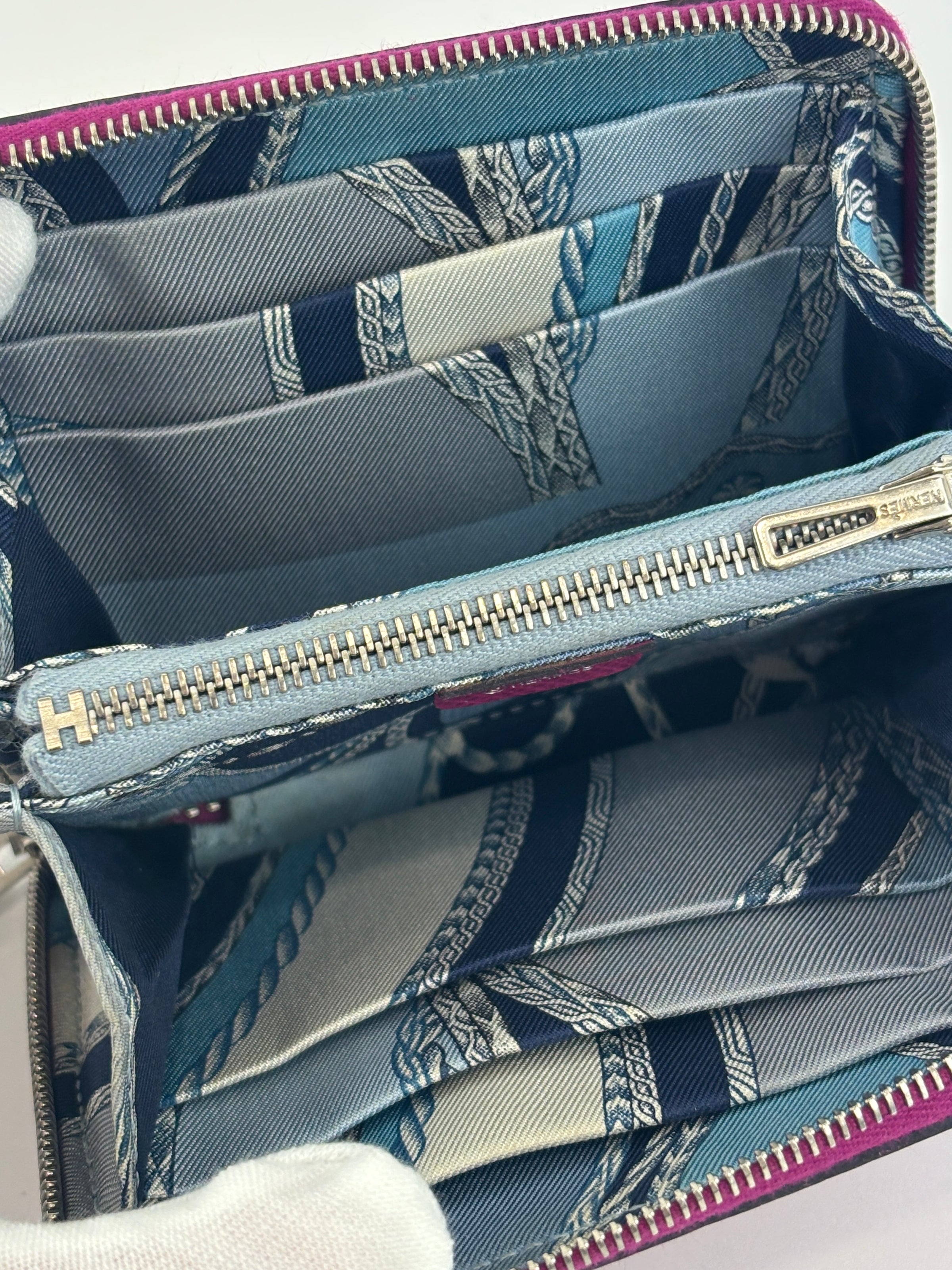 Silk'In Compact Wallet In Epsom And Barenia Calfskin Rose Pourpre-Fauve-Bleu Lin PHW