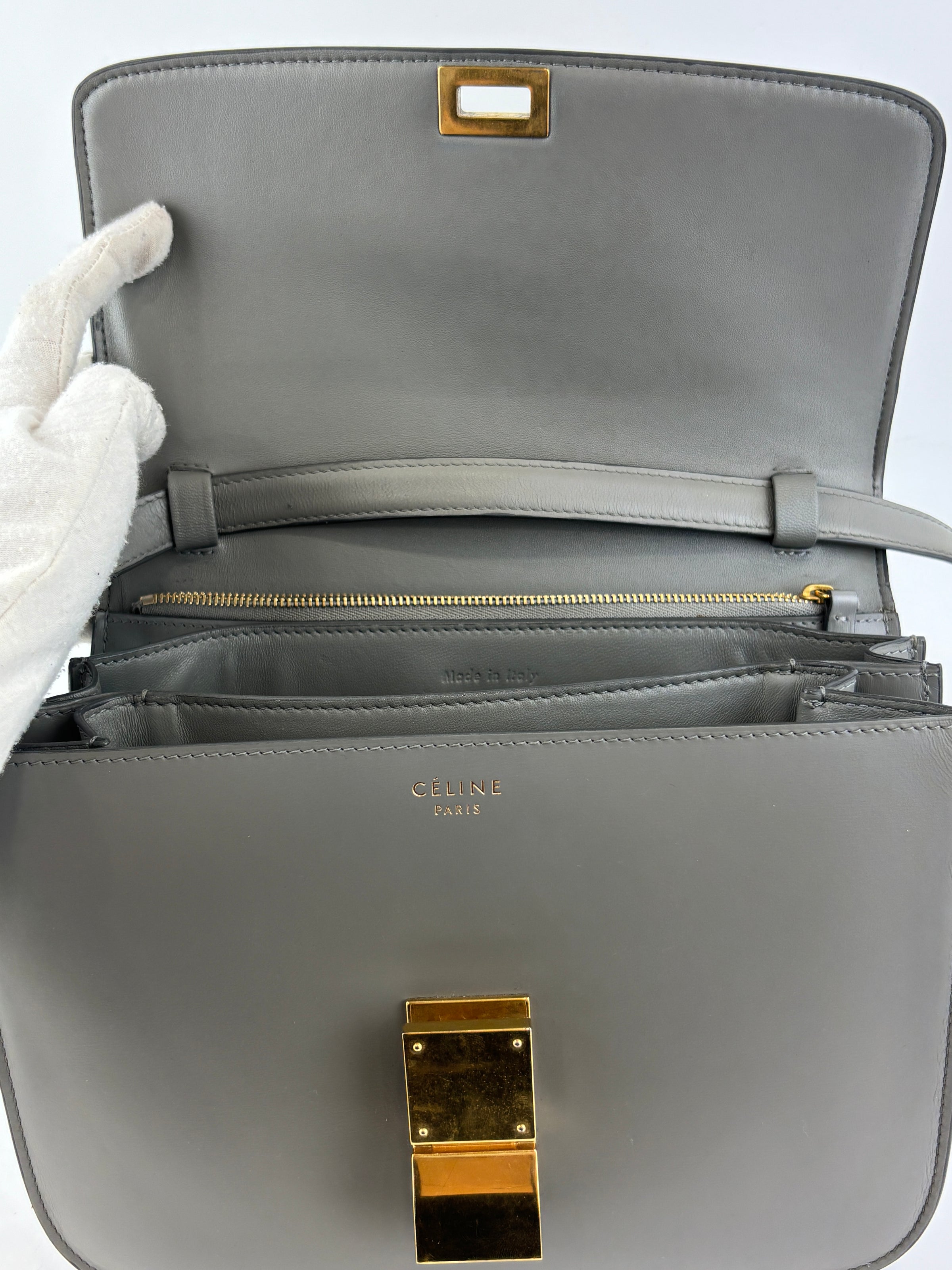 Grey Leather Medium Classic Box Shoulder Bag