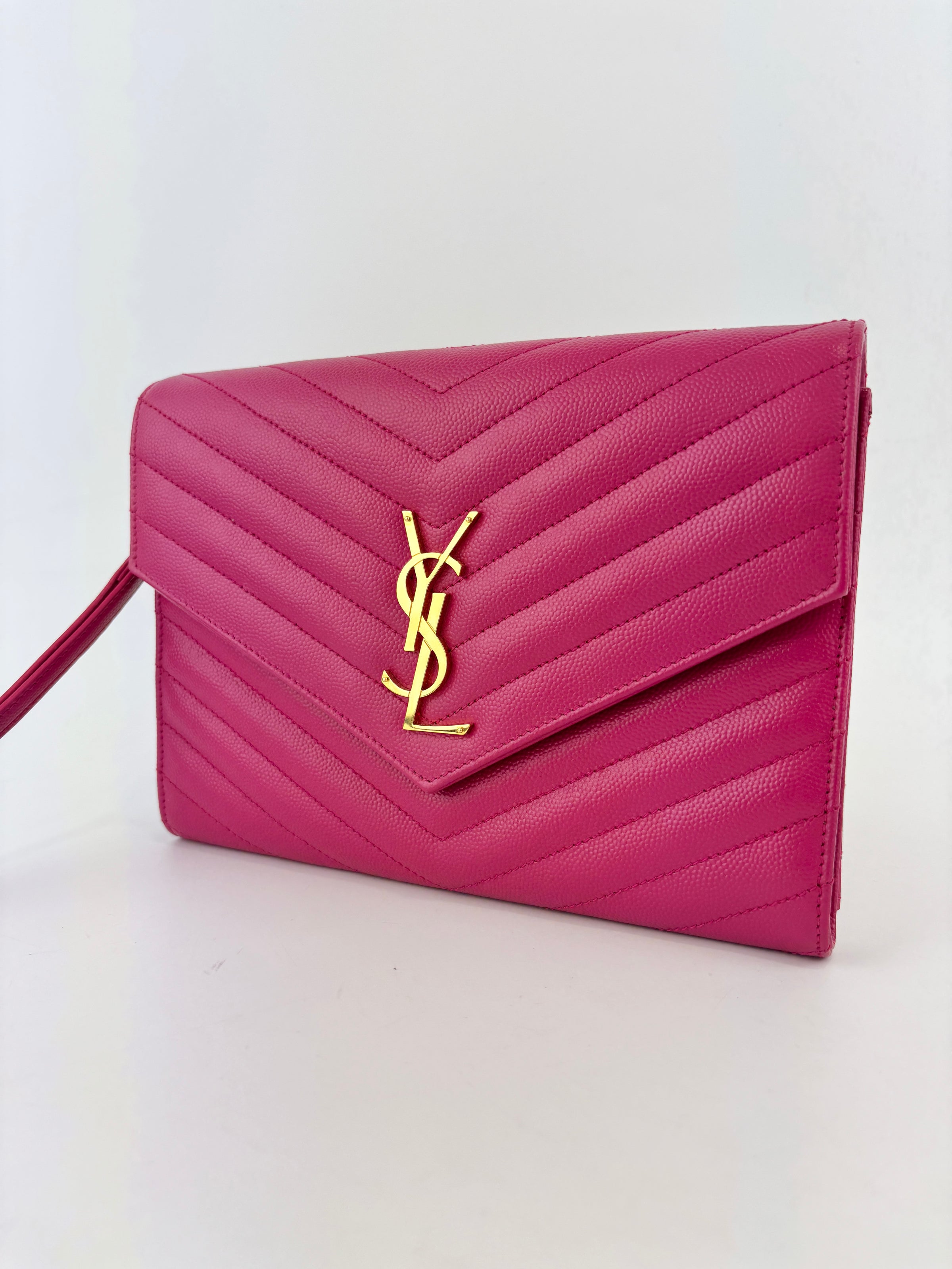 Monogram Envelope Wristlet Matelasse Chevron Leather in Fuchsia GHW