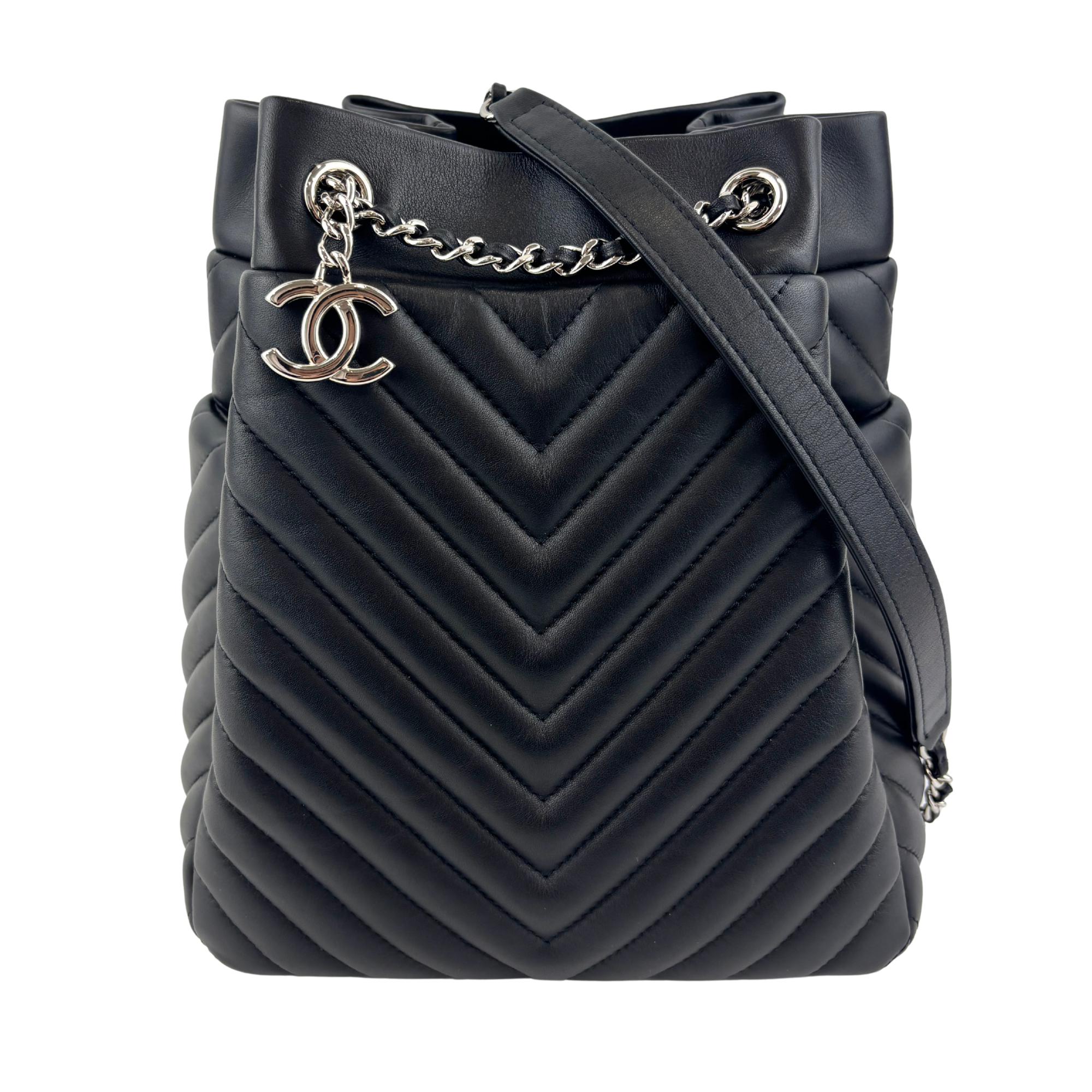Small Chevron Urban Spirit Drawstring Bucket Bag Black Calfskin SHW - Glampot