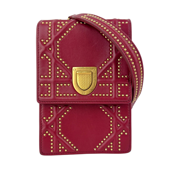 Studded Lambskin Vertical Diorama Clutch on Chain Burgundy GHW
