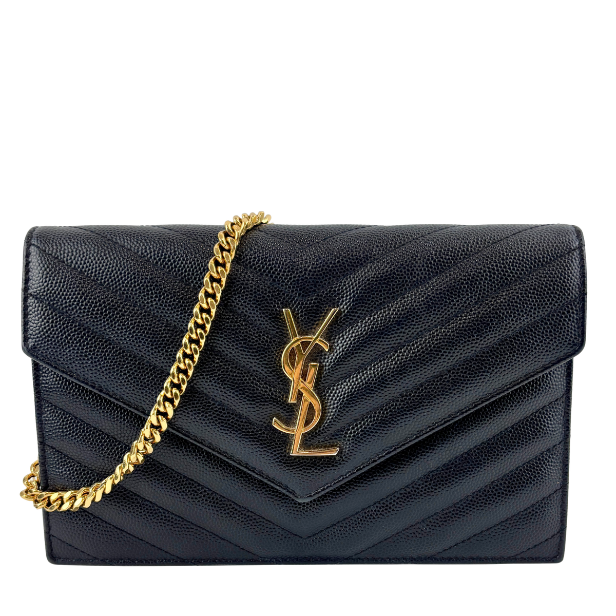 Cassandre Envelope Chain Wallet in Black Grain De Poudre Leather - Glampot