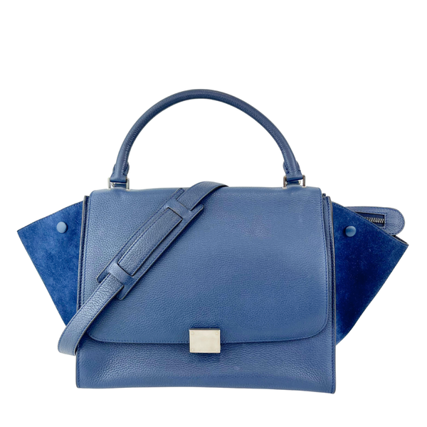 Blue Pebbled Leather Suede Medium Trapeze Bag