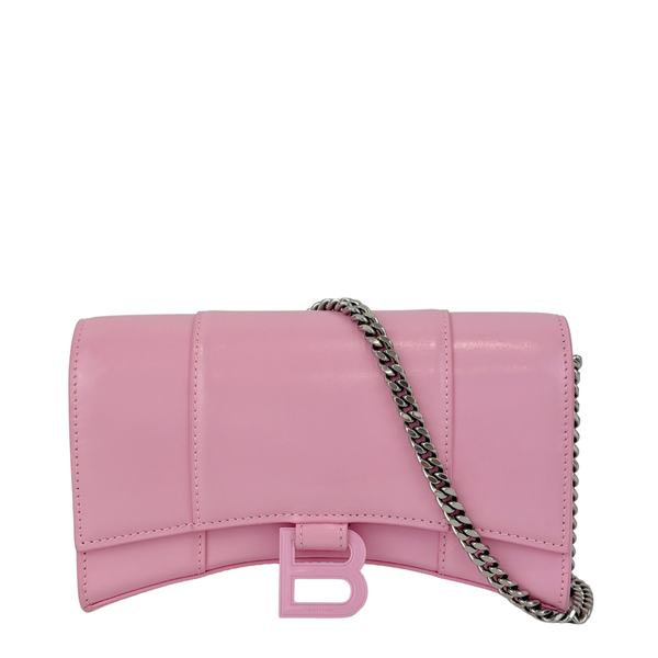 Hourglass Wallet On Chain in Shiny Calfskin Candy Pink