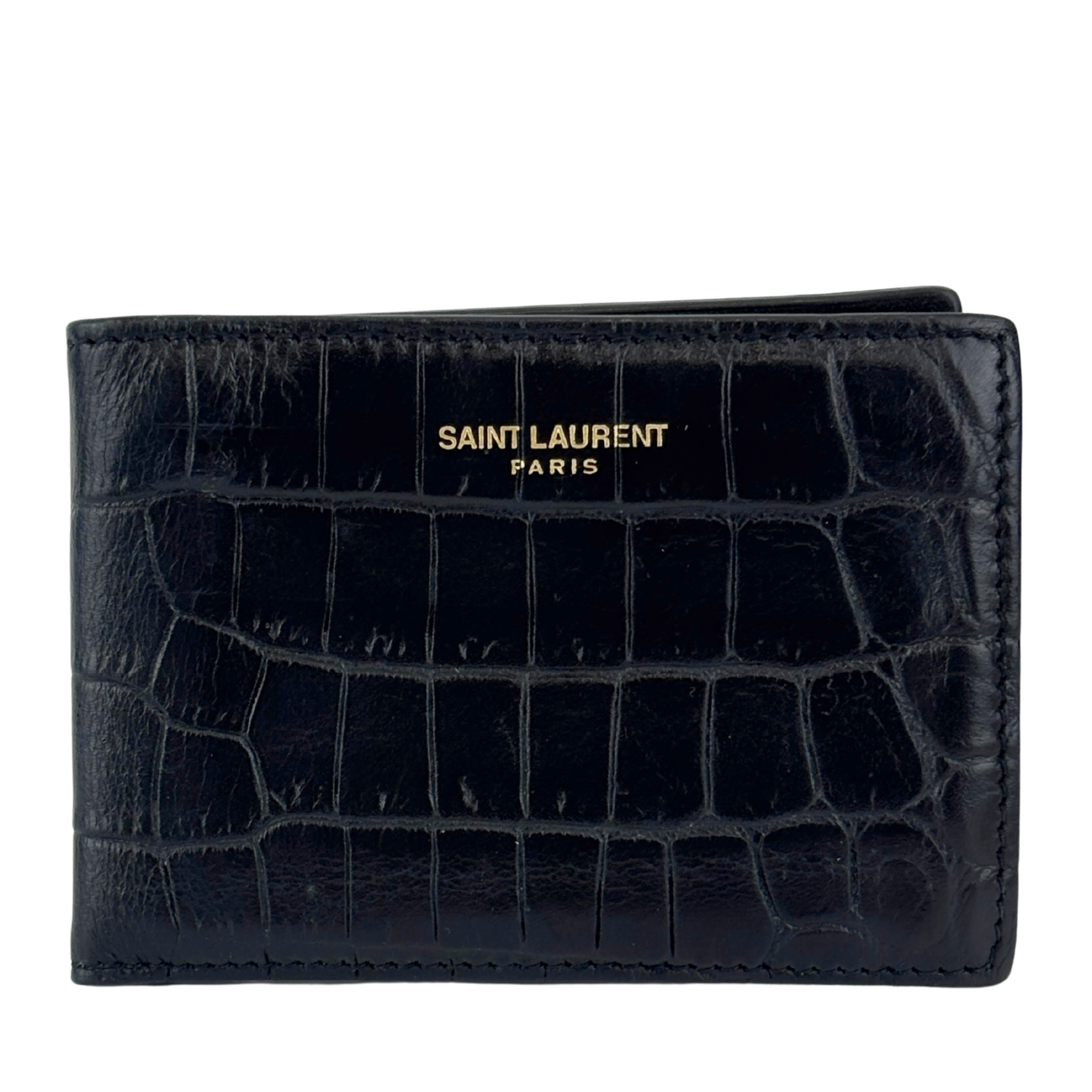 Black Croc Embossed Leather Bifold Card Holder