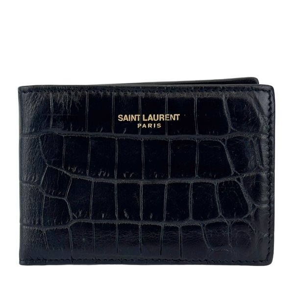 Black Croc Embossed Leather Bifold Card Holder
