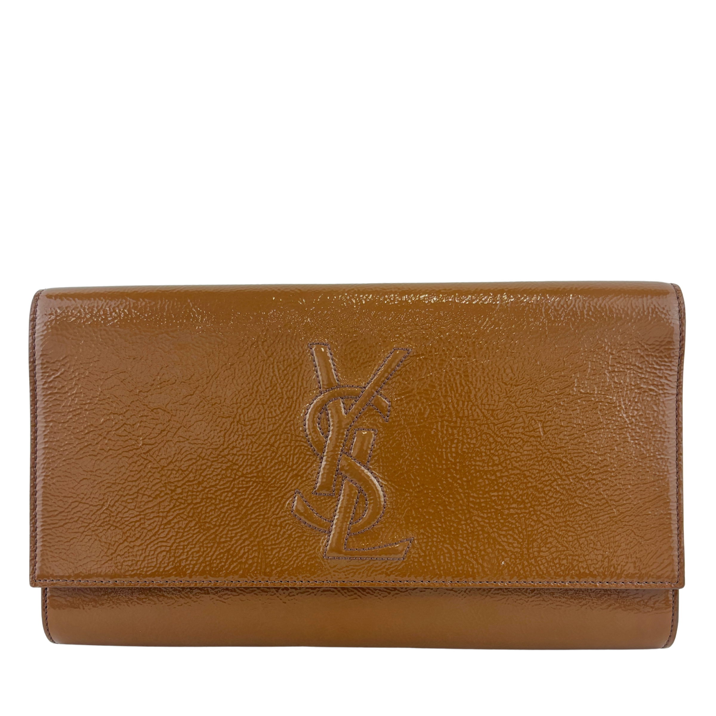 Patent Leather Large Belle Du Jour Clutch in Toffee Brown