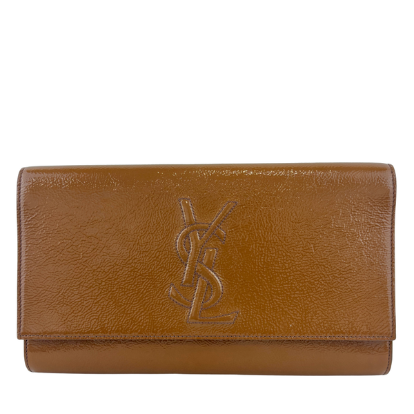 Patent Leather Large Belle Du Jour Clutch in Toffee Brown