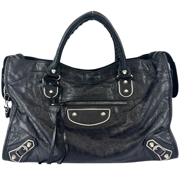 Metallic Edge City Bag in Black Lambskin SHW