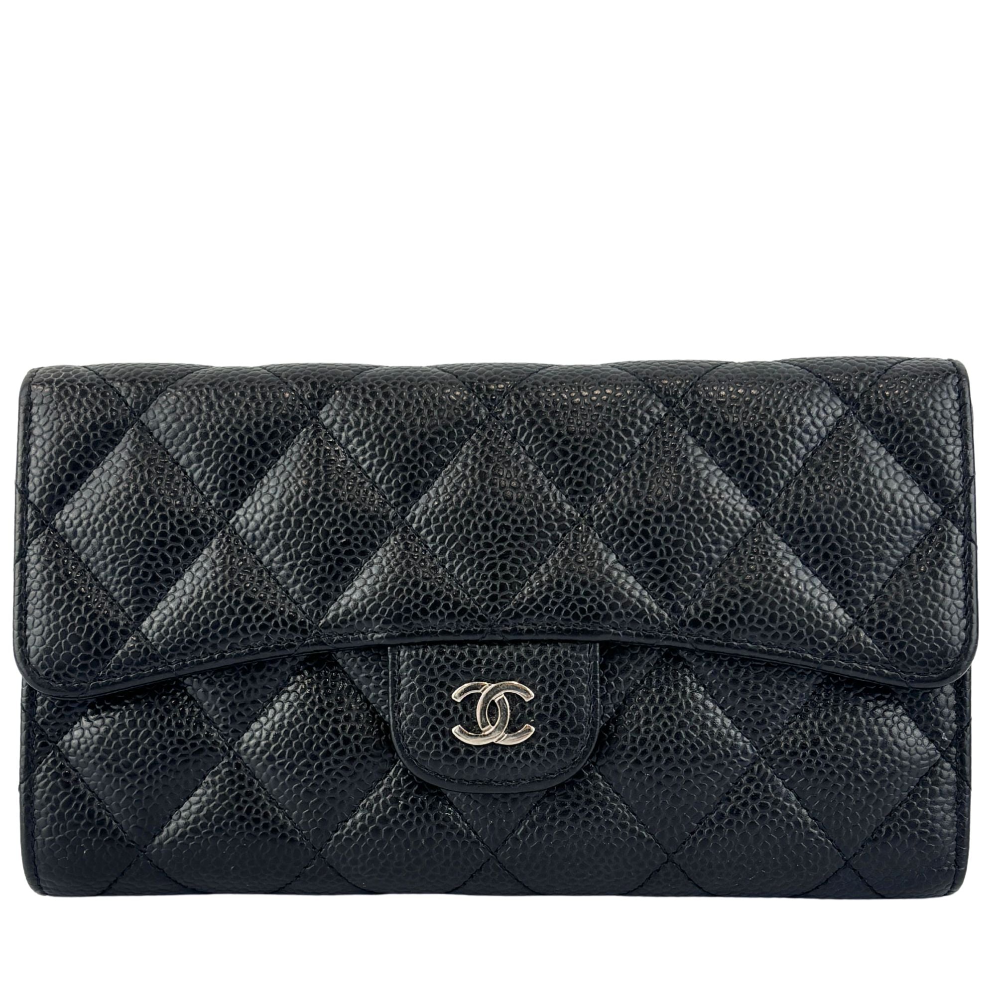 Black Caviar Quilted Classic Flap Wallet SHW