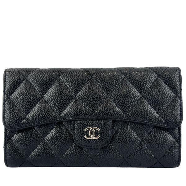 Black Caviar Quilted Classic Flap Wallet SHW