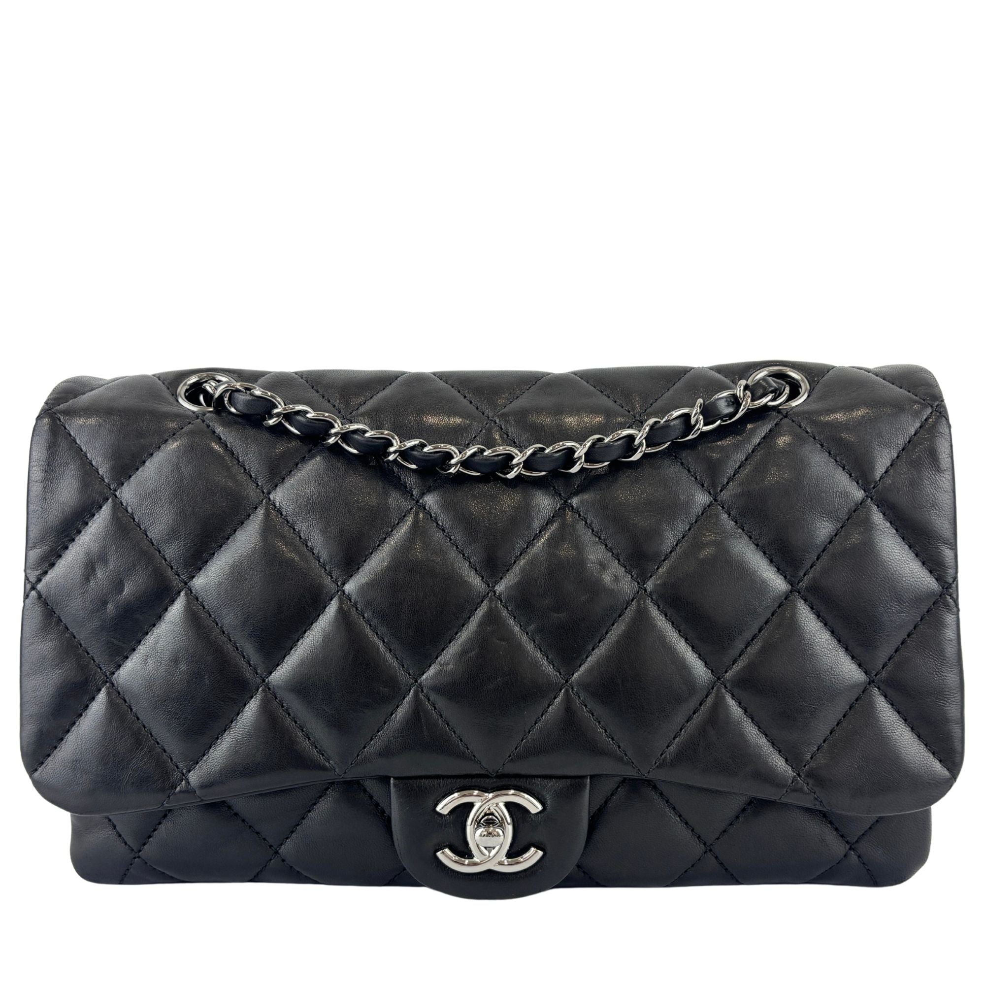 Black Quilted Lambskin Leather 3 Accordion Flap Bag SHW