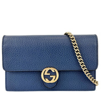 Interlocking G Wallet on Chain in Blue Pebbled Leather