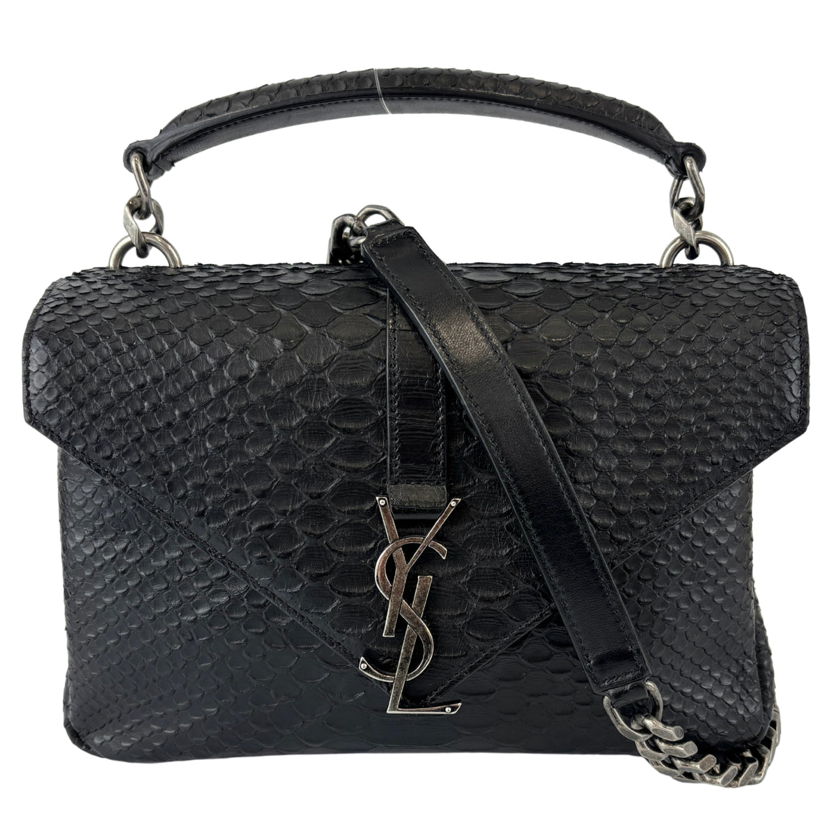 Medium College Bag in Black Python-Embossed Leather