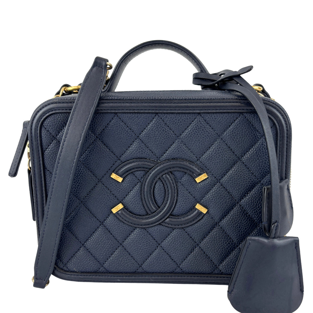 Medium Filigree Vanity Case in Navy Blue Quilted Caviar GHW